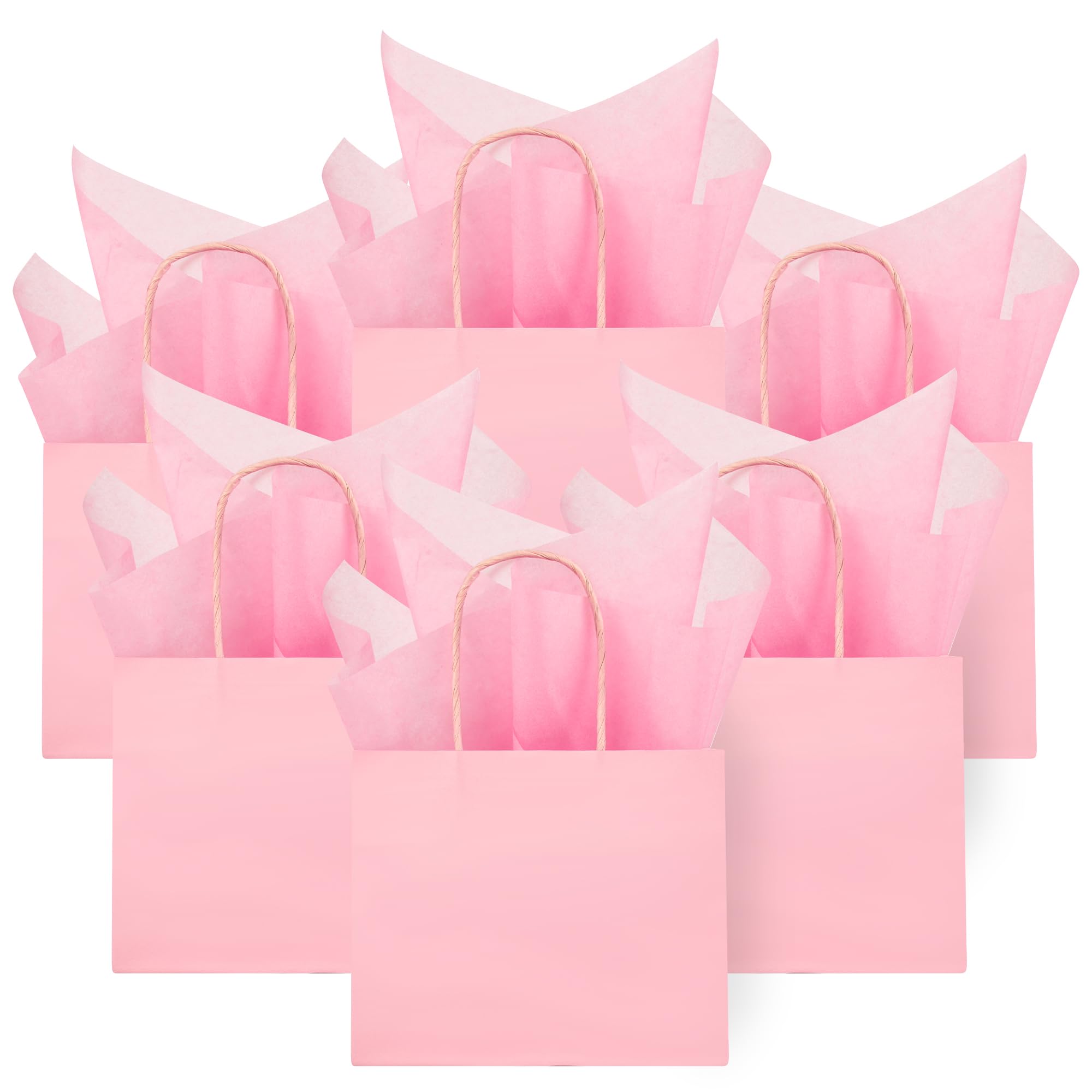 DjinnGlory 24 Pack Mini Tiny Small Pink Paper Gift Bags with Handles 6x5x2.5 Inch and 24 Tissue Paper for Wedding Baby Shower Princess Birthday Party Favors Goodies