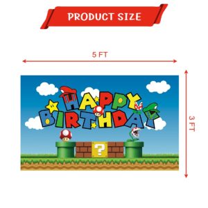 Mario Happy Birthday Party Backdrop, Baby Shower Cake Table Decoration Supplies, Mario Themed Banner (5X3FT)