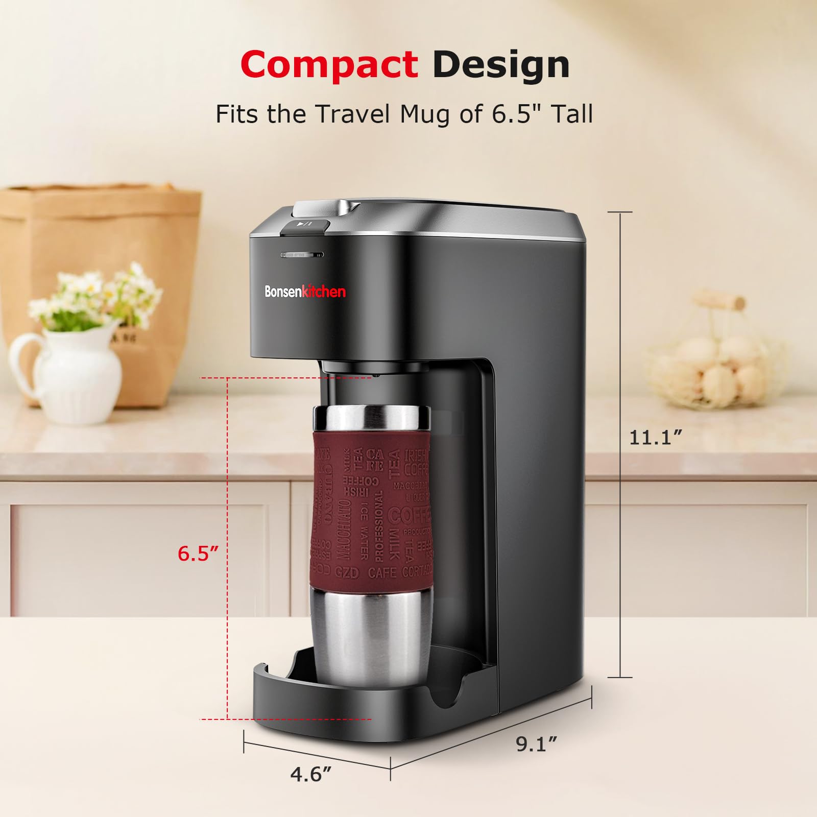 Bonsenkitchen Single Serve Coffee Maker, Coffee Brewer for K Cup Capsule, Fast Brewing Coffee Machine, 6 to 12oz Brew Sizes, Sleek Space Saving Design