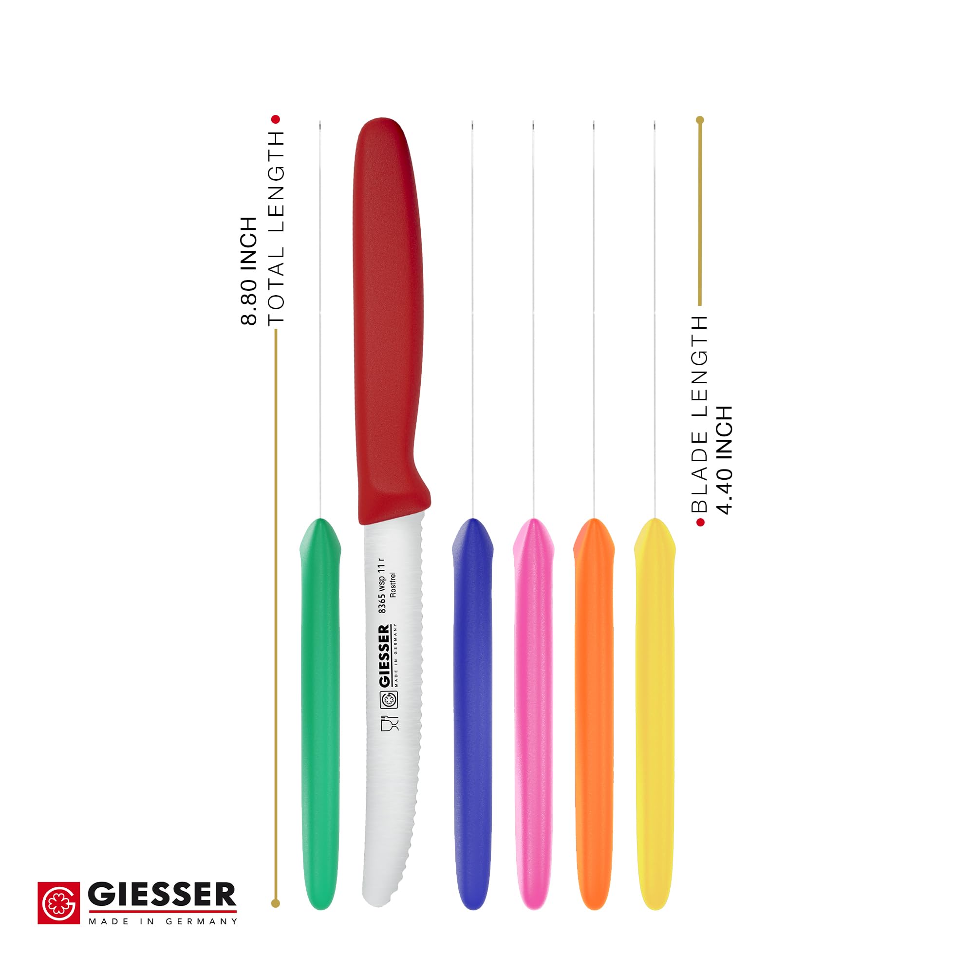 Giesser since 1776, Made in Germany, Colorful serrated Utility kitchen knives round tip dishwasher safe 4.5 inch - paring knife, Tomato knife, Steak knives set of 6, restaurant knife