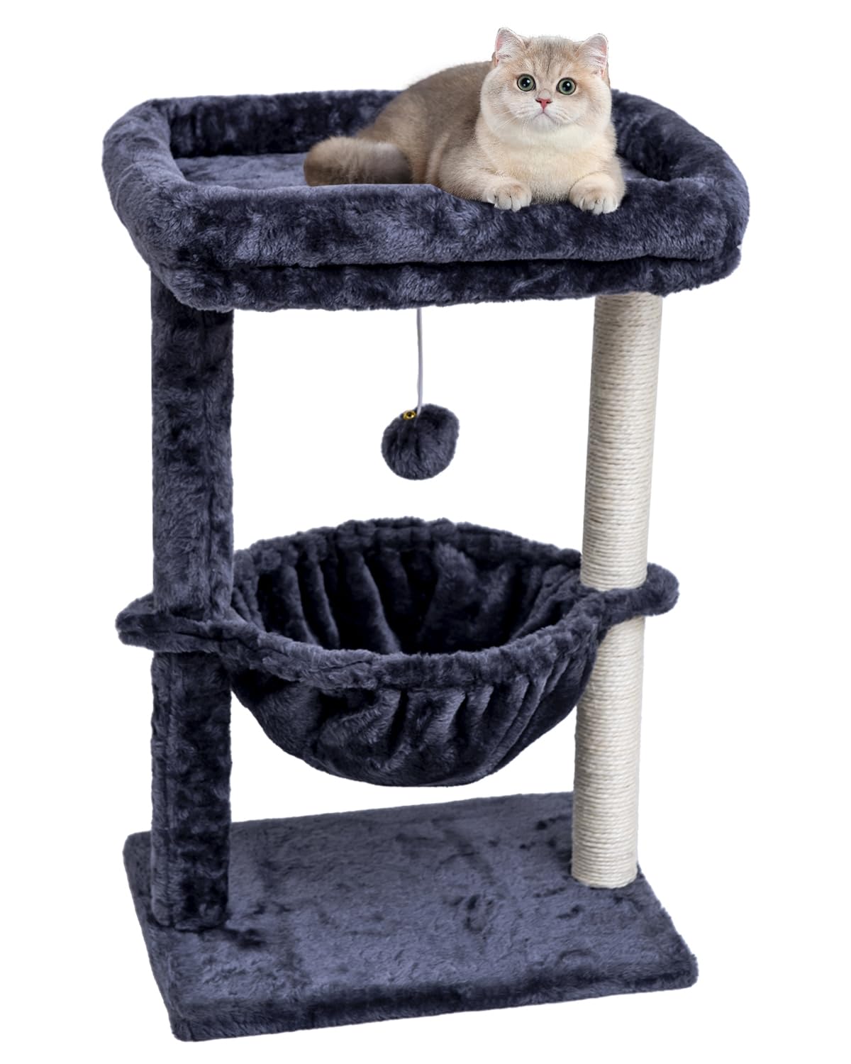 SYANDLVY Small Cat Tree for Indoor Cats, Activity Cat Tower with Scratching Post for Kittens, Cat Condo & Furniture with Basket & Hanging Ball for Play Rest