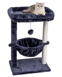 syandlvy small cat tree for indoor cats, activity cat tower with scratching post for kittens, cat condo & furniture with basket & hanging ball for play rest