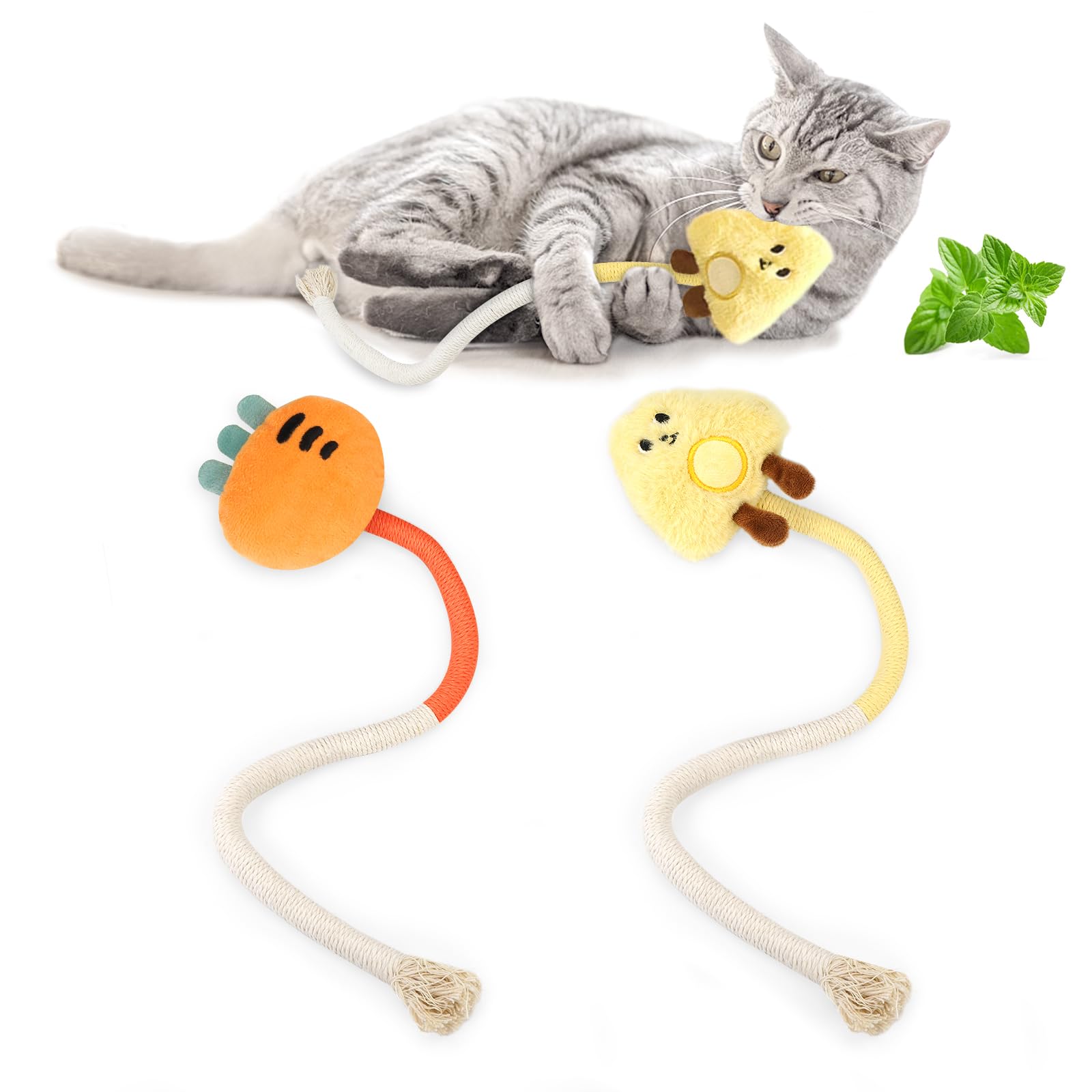 WONOWPA 2Pcs Catnip Chew Toys for Cats, Cat Rope Toys with Catnip Inside and Plush Toy, Interactive Catnip Teething Toys for Kittens