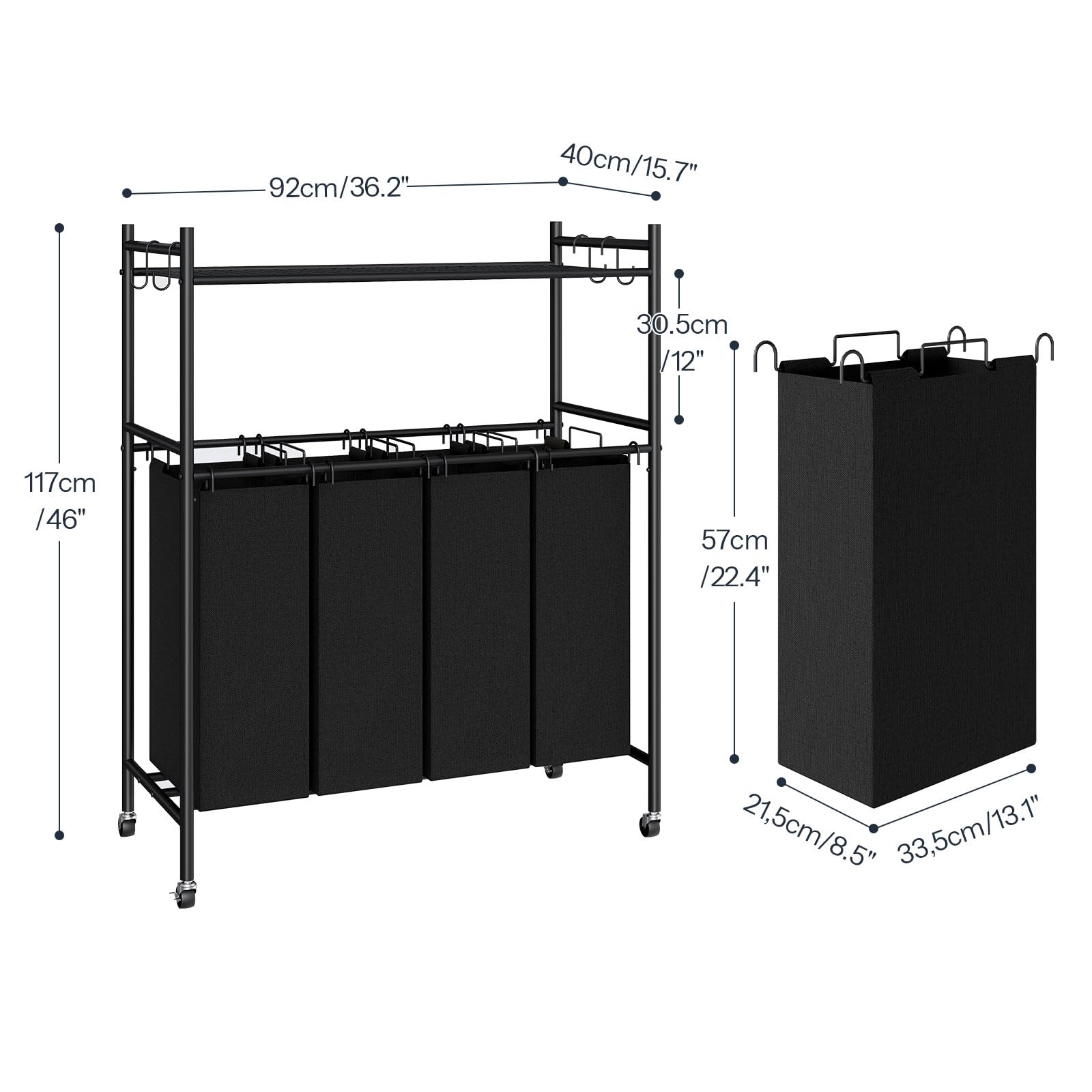 HOOBRO Laundry Sorter 4 Section, Rolling Laundry Hamper with Wheeled, Laundry Basket with Mesh Shelf and Removable S-Shaped Hooks, Sturdy Metal Frame, Laundry Room Organization, Black BB10XY01