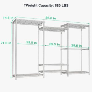 Ulif E8 Heavy-Duty Garment Rack, Freestanding Extra Large Clothes Rack with 7 Wire Shelves and 4 Hanger Rods, Closet Organizers and Storage, 86.6" W x 14.5" D x 71.2" H, Max Load 880 LBS, White