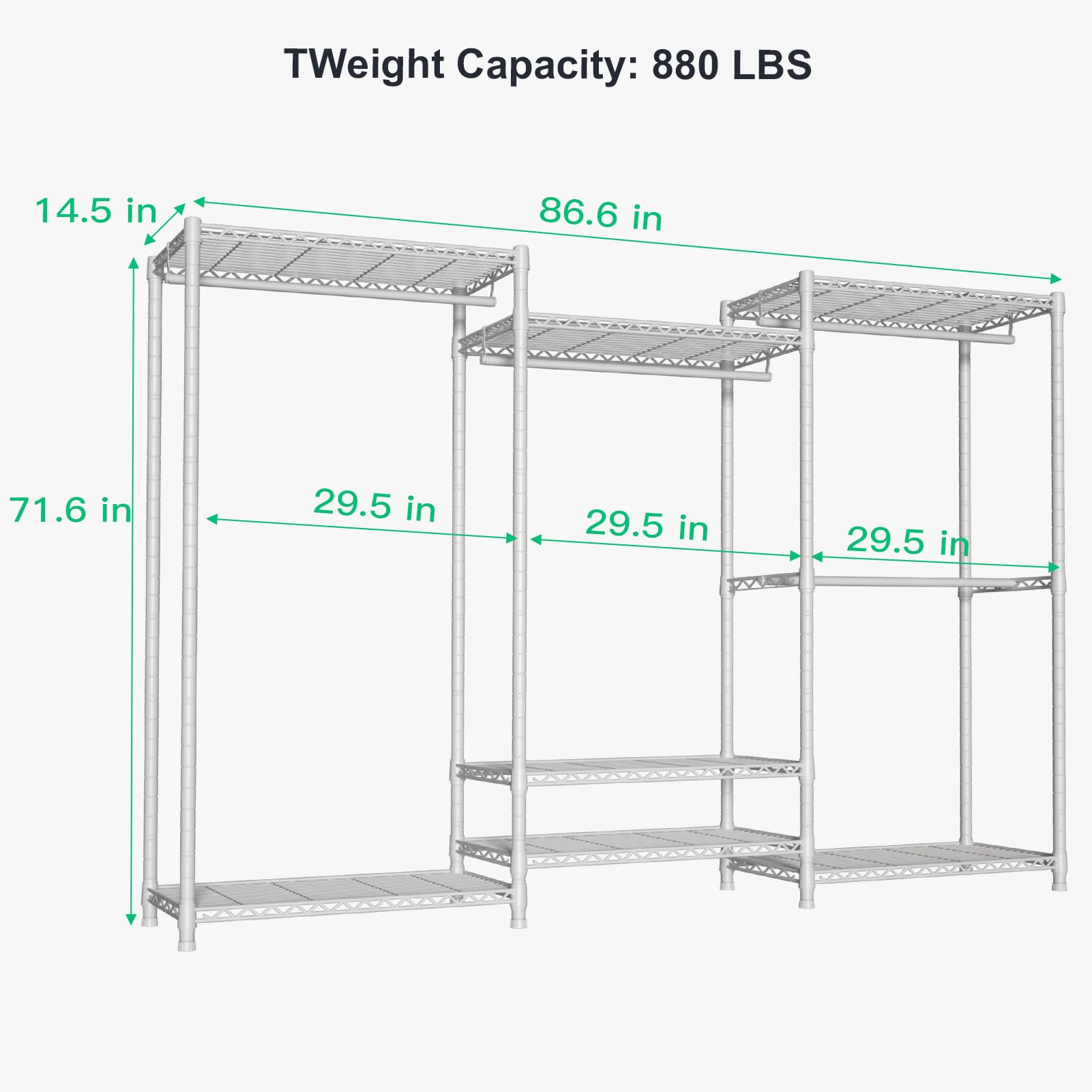 Ulif E8 Heavy-Duty Garment Rack, Freestanding Extra Large Clothes Rack with 7 Wire Shelves and 4 Hanger Rods, Closet Organizers and Storage, 86.6" W x 14.5" D x 71.2" H, Max Load 880 LBS, White