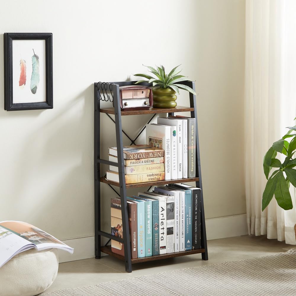 EYOCAL 3 Tier Bookshelf, Industrial Bookcase Wood Storage Shelf with Metal Frame for Living Room, Bedroom and Office