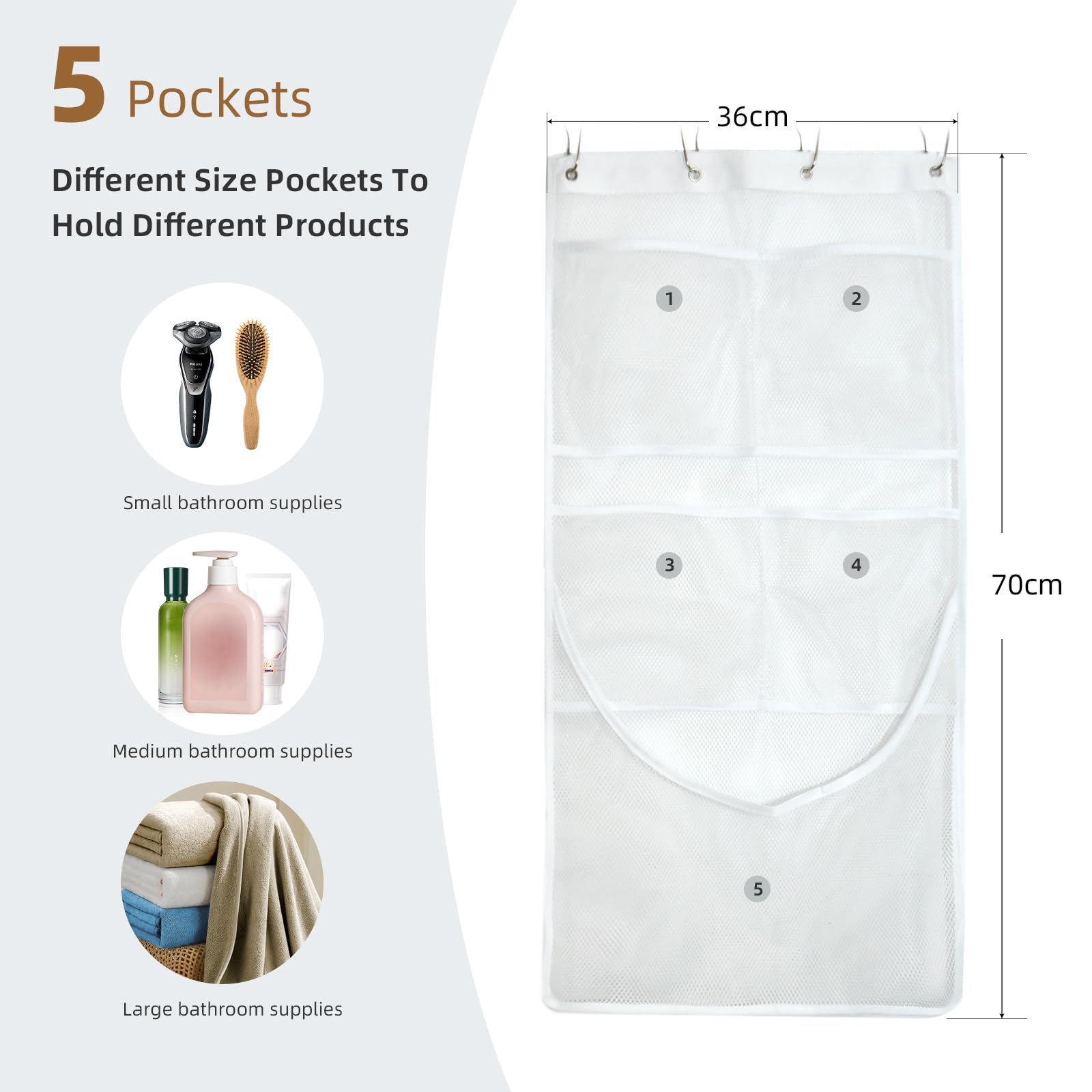 EMLTHORY 2PCS Mesh Shower Organizer Hanging,Shower Curtain Liner Pockets Hanging Shower Organizer with Pockets Quick Dry Cruise RV Camper Bathroom Organizer with Shower Curtain Hooks