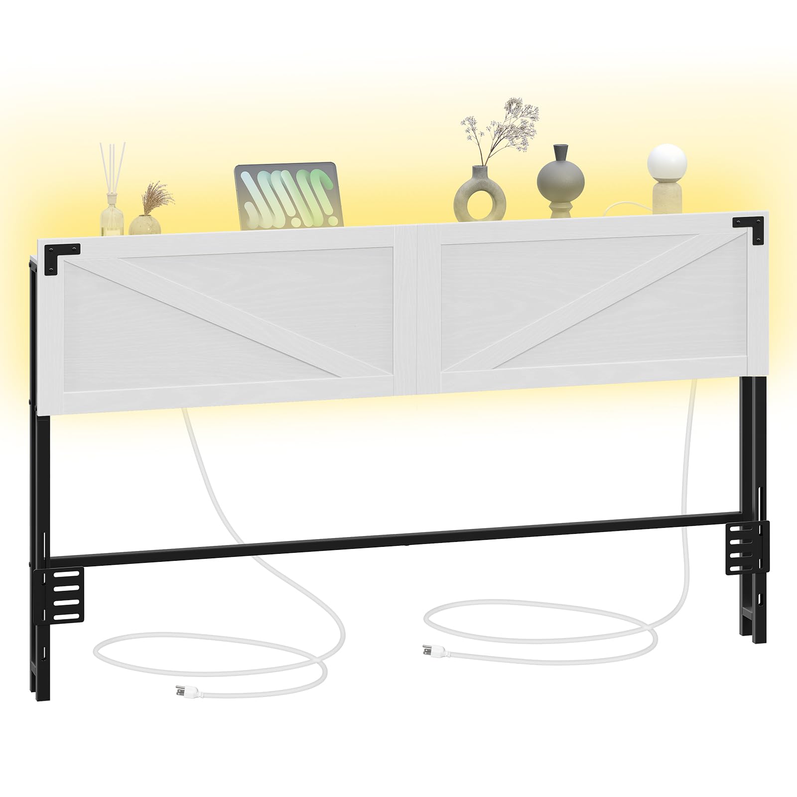 MAHANCRIS King Size Headboard Only, Headboard with 2 Outlets and 4 USB Ports, Farmhouse Headboard, with LED Lights, Secure Storage with Raised Fence, with Bed Frame Adapter, White and Black