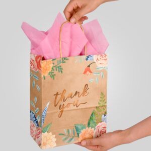 DjinnGlory 25 Pack 10x8x4 Inch Medium Sized Brown Kraft Floral Paper Gift Bags with and 25-Sheet Pink Tissue Paper for Birthday Wedding Baby Shower Party Treats, Goodies, Christmas Gifts (Thank You Design)