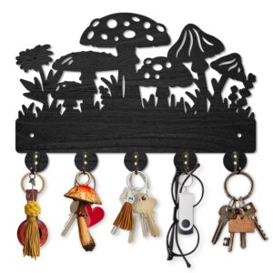 mayjoydiy mushroom wall mounted coat rack wildflower meadow wood key hooks for wall 11.8×7.9inch black key holder hanger wall art decor with 5 alloy hooks for gift hallway entryway kitchen