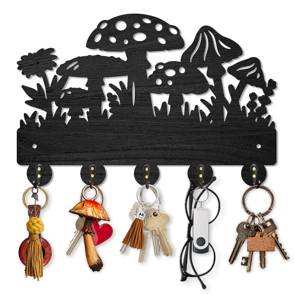 MAYJOYDIY Mushroom Wall Mounted Coat Rack Wildflower Meadow Wood Key Hooks for Wall 11.8×7.9inch Black Key Holder Hanger Wall Art Decor with 5 Alloy Hooks for Gift Hallway Entryway Kitchen