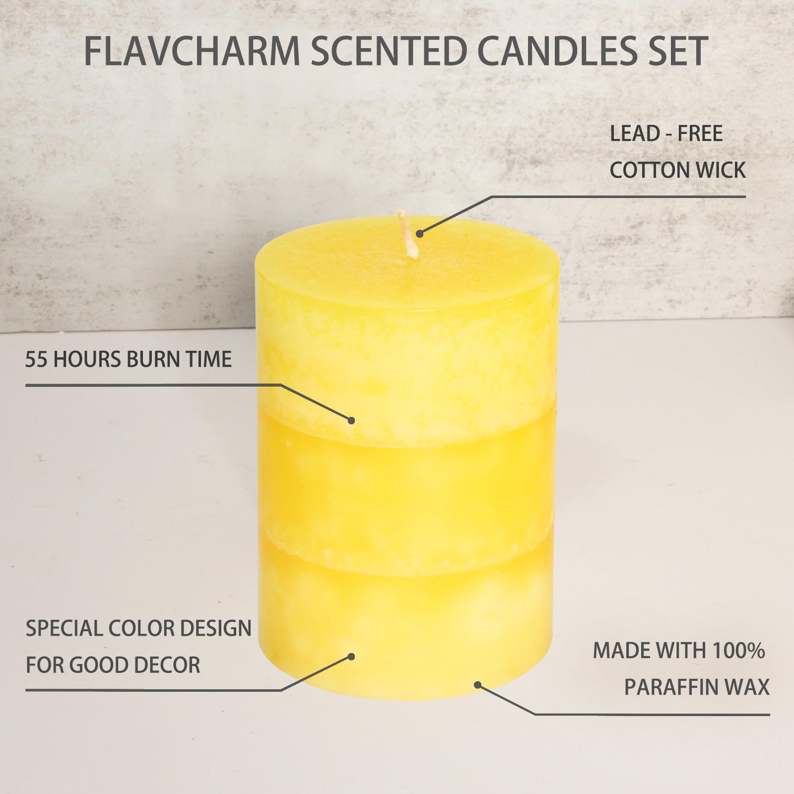 FLAVCHARM Pillar Candles 3x4 Inch Lemon Yellow Hand-Poured Candles Fragrance Long Clean Burning Non-Toxic Smokeless Summer Candles for Home Scented Bathroom Rustic Table Decor