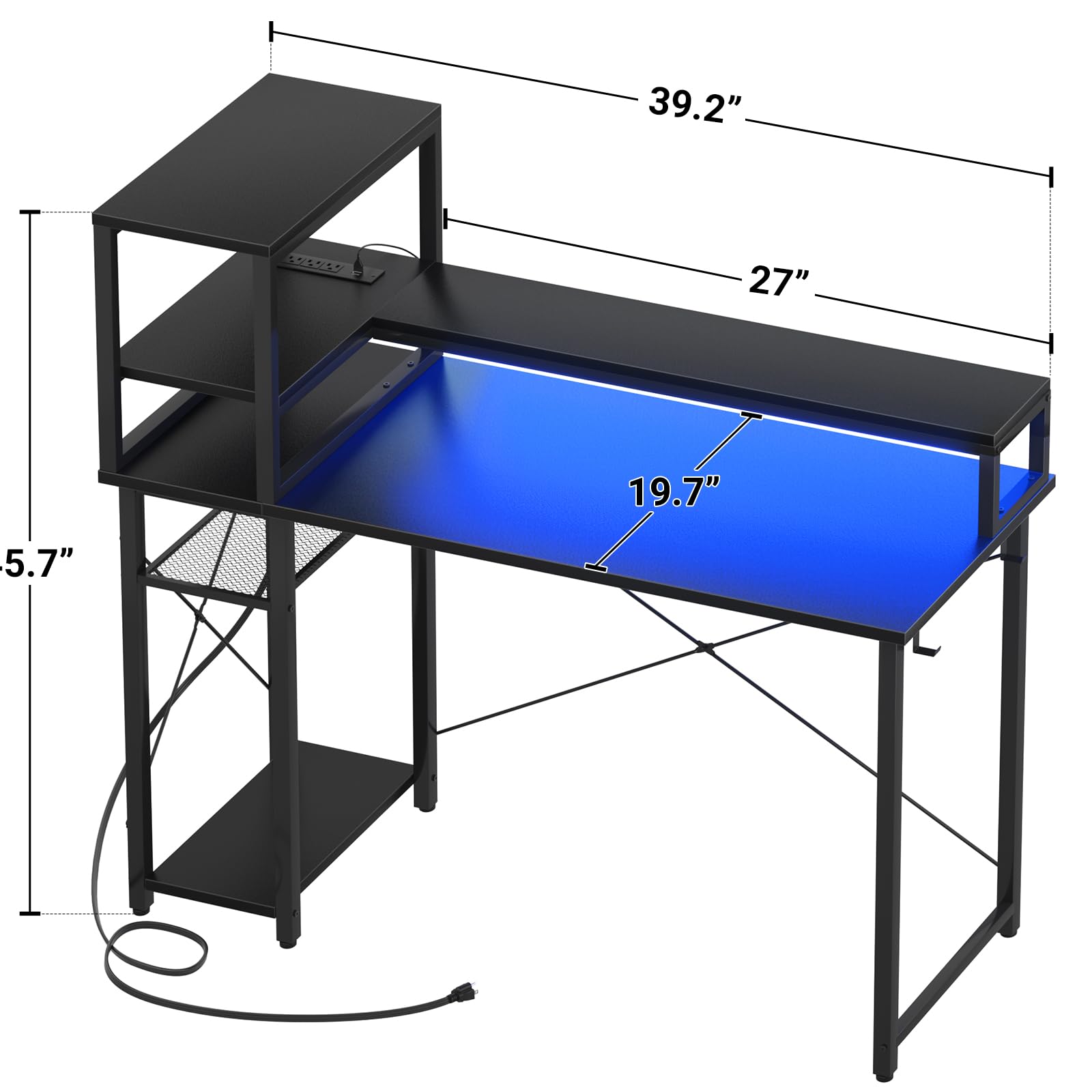 iSunirm Small Gaming Desk with Storage, 39" Computer Desk with LED Lights, Home Office Desk with Adjustable Shelves & Power Outlets, Gaming Computer Desk with Monitor Stand for Small Spaces, Black