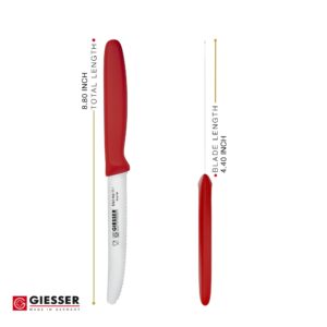 Giesser since 1776, Made in Germany, Red serrated Utility kitchen knives round tip dishwasher safe 4.5 inch - paring knife, Tomato knife, Steak knife, restaurant knife (Single)