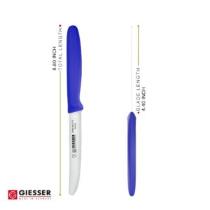 Giesser since 1776, Made in Germany, Blue serrated Utility kitchen knives round tip dishwasher safe 4.5 inch - paring knife, Tomato knife, Steak knives set of 6, restaurant knife (Single)