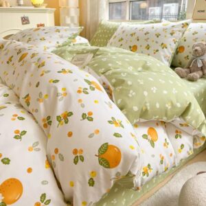 Generic 100% Cotton Duvet Cover and 2pc Pillowcases Twin Queen King Full Size Orange Fruit Print Bed Linen Bedding Home Textile with Zipper Closure and 4 Tiers (King), Green