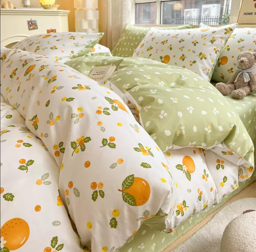 Generic 100% Cotton Duvet Cover and 2pc Pillowcases Twin Queen King Full Size Orange Fruit Print Bed Linen Bedding Home Textile with Zipper Closure and 4 Tiers (King), Green