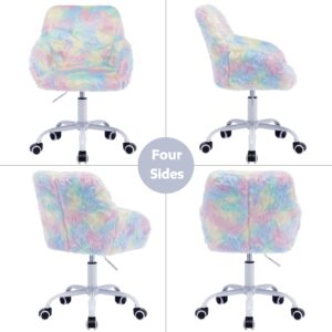 LukeAlon Kids Adjustable Desk Chair, Furry Study Chair with Swivel Base Cute Faux Fur Reading Chair Comfy Upholstered Computer Chair with Arms for Girls Children, Light Colorful