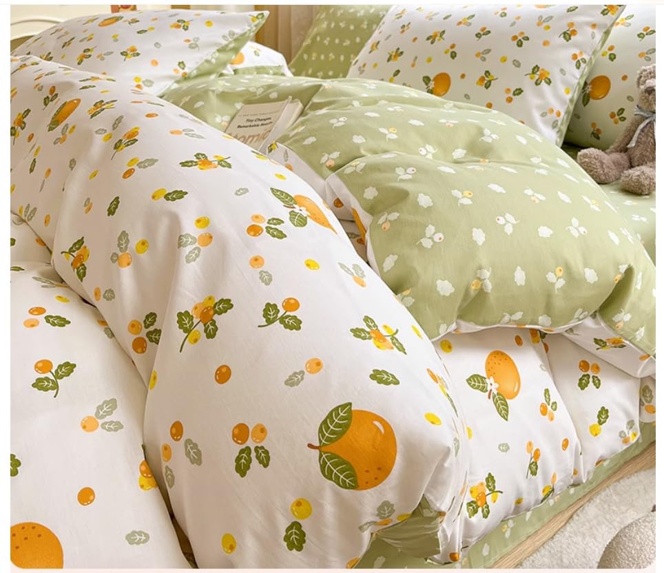 Generic 100% Cotton Duvet Cover and 2pc Pillowcases Twin Queen King Full Size Orange Fruit Print Bed Linen Bedding Home Textile with Zipper Closure and 4 Tiers (King), Green