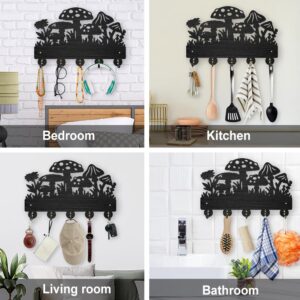 MAYJOYDIY Mushroom Wall Mounted Coat Rack Wildflower Meadow Wood Key Hooks for Wall 11.8×7.9inch Black Key Holder Hanger Wall Art Decor with 5 Alloy Hooks for Gift Hallway Entryway Kitchen