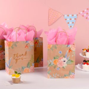 DjinnGlory 25 Pack 10x8x4 Inch Medium Sized Brown Kraft Floral Paper Gift Bags with and 25-Sheet Pink Tissue Paper for Birthday Wedding Baby Shower Party Treats, Goodies, Christmas Gifts (Thank You Design)