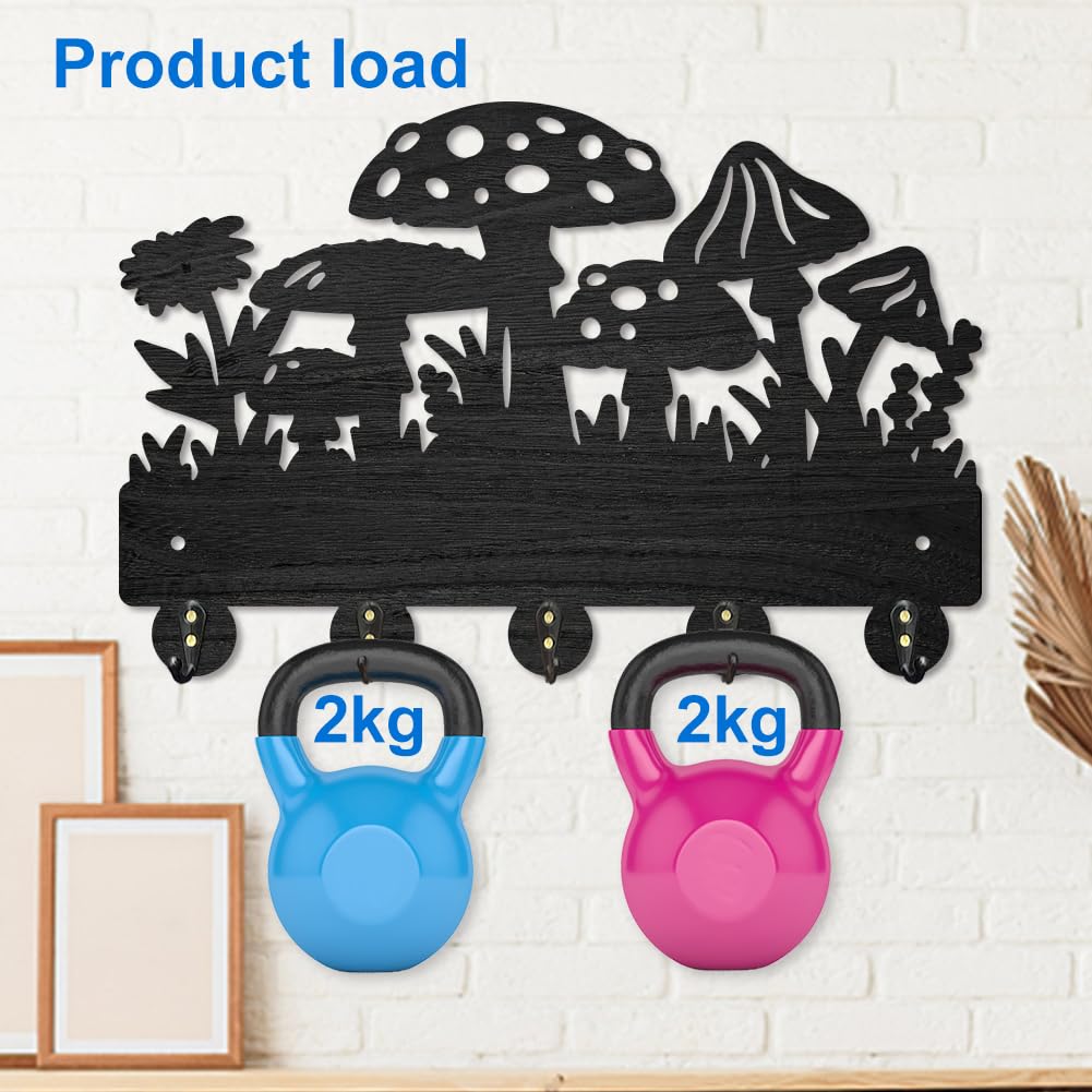 MAYJOYDIY Mushroom Wall Mounted Coat Rack Wildflower Meadow Wood Key Hooks for Wall 11.8×7.9inch Black Key Holder Hanger Wall Art Decor with 5 Alloy Hooks for Gift Hallway Entryway Kitchen