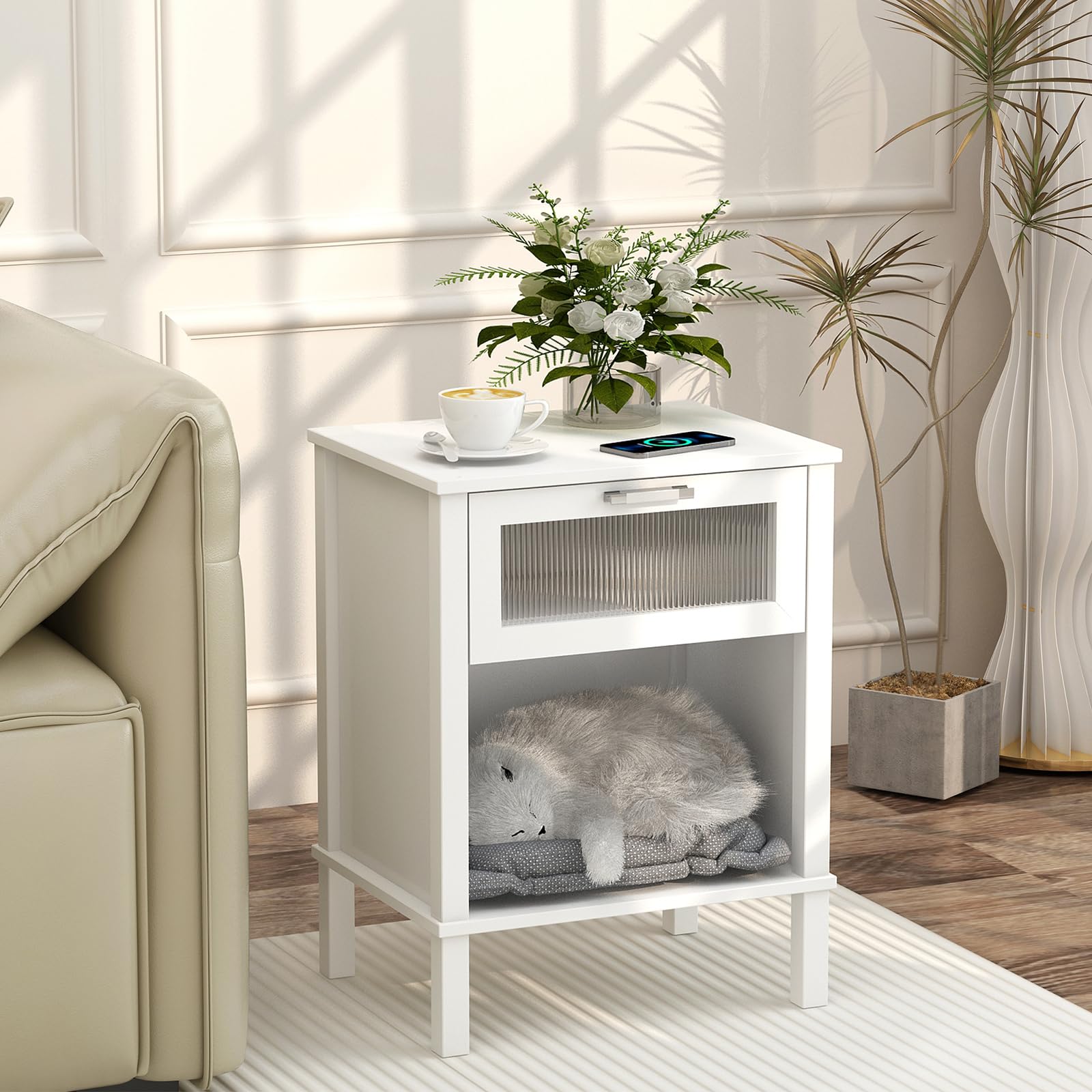 YAUKOMEL Small White Nightstand, End Table with Drawer, Bed Side Table,Nightstand with Acrylic Drawer for Living Room, Bedroom,Small Space White CTG67W