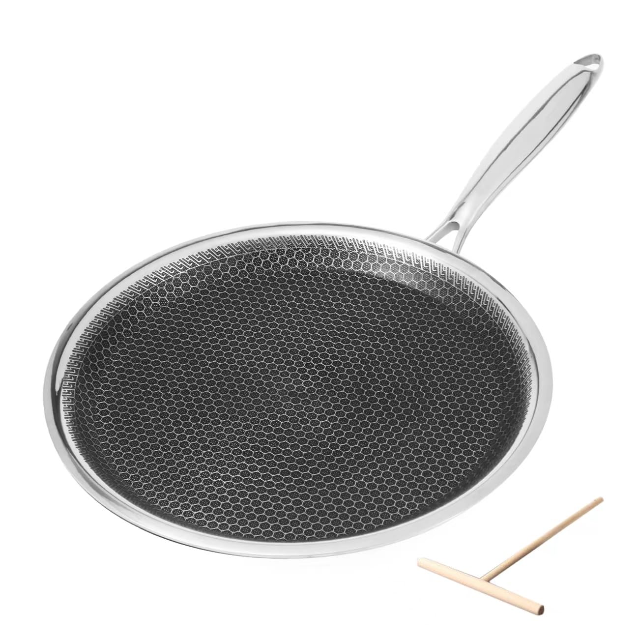 Non stick Crepe Pan 11 inch whit spreader, Coating Flat Skillet Pancake Pan, Stainless Steel Hybrid Honeycom Crepe Pan for Pizza Tawa Dosa Tortilla Griddle Pan, PFOA Free, Stay-cool Handle All Stov