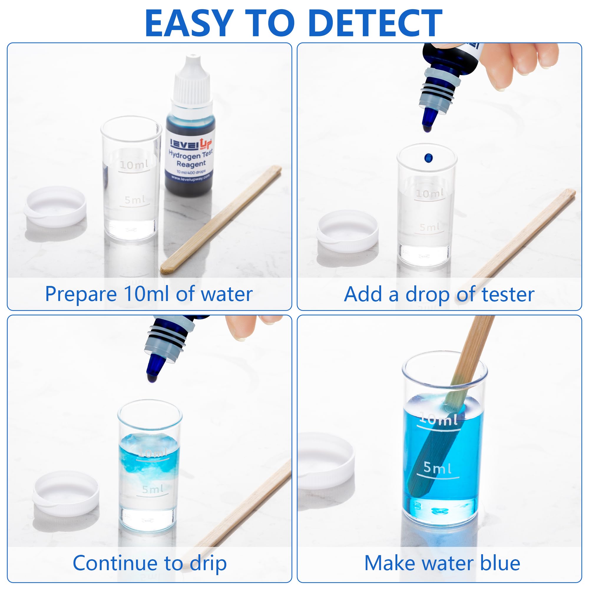 Level Up Way - Hydrogen Test Reagent – Hydrogen Water Tester for Measuring Molecular Hydrogen Concentration in Water – Blue Test Drops for Water Hydrogenator