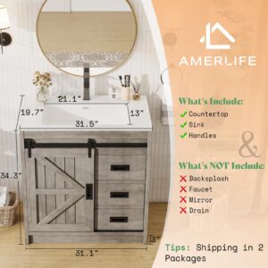 AMERLIFE Farmhouse Bathroom Vanity with Sink Combo, 31in Sliding Barn Door Bathroom Vanity Cabinet Set with Storage Drawers, Metal Handles, Small Single Bath Storage Vanity Sink, Light Grey