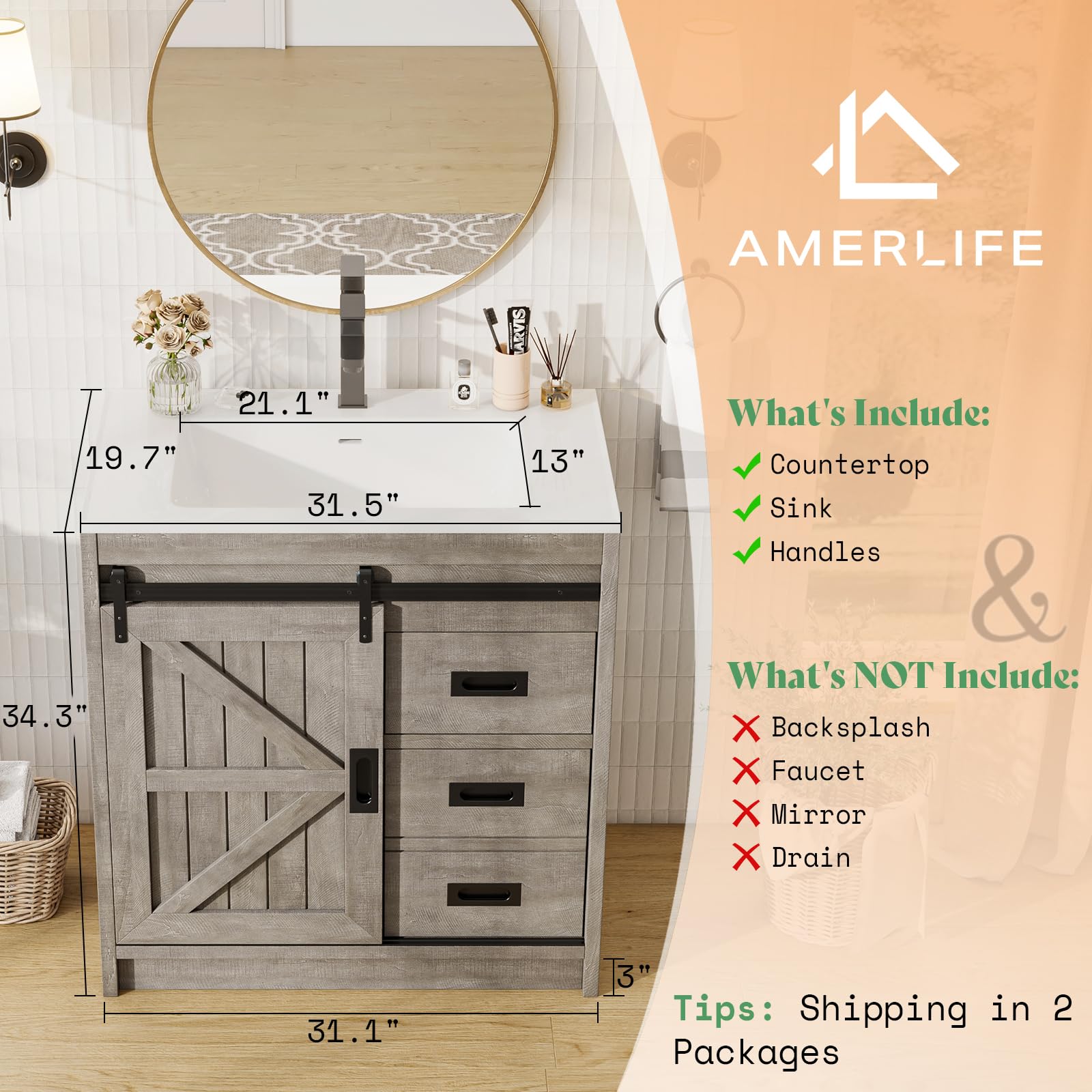 AMERLIFE Farmhouse Bathroom Vanity with Sink Combo, 31in Sliding Barn Door Bathroom Vanity Cabinet Set with Storage Drawers, Metal Handles, Small Single Bath Storage Vanity Sink, Light Grey