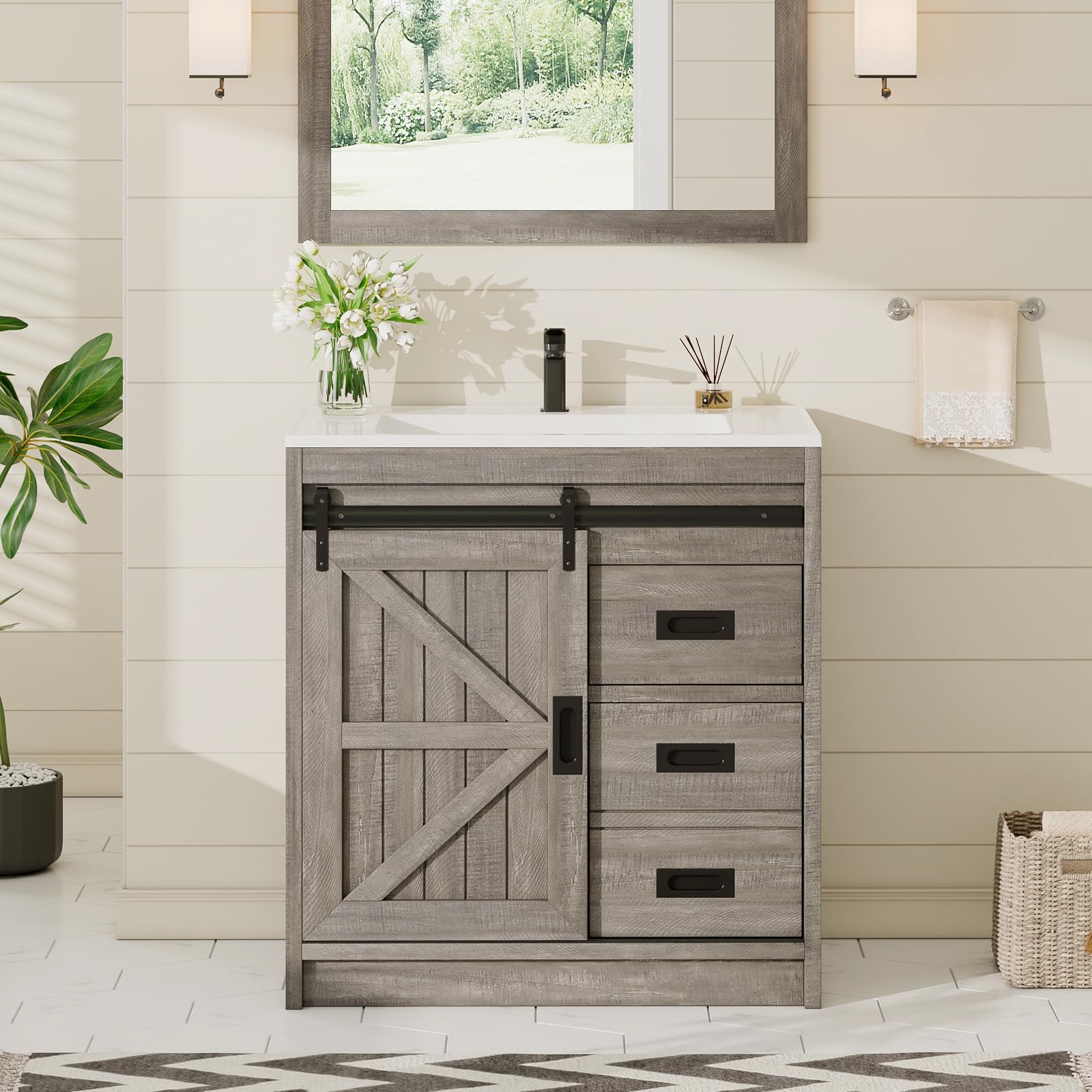 AMERLIFE Farmhouse Bathroom Vanity with Sink Combo, 31in Sliding Barn Door Bathroom Vanity Cabinet Set with Storage Drawers, Metal Handles, Small Single Bath Storage Vanity Sink, Light Grey