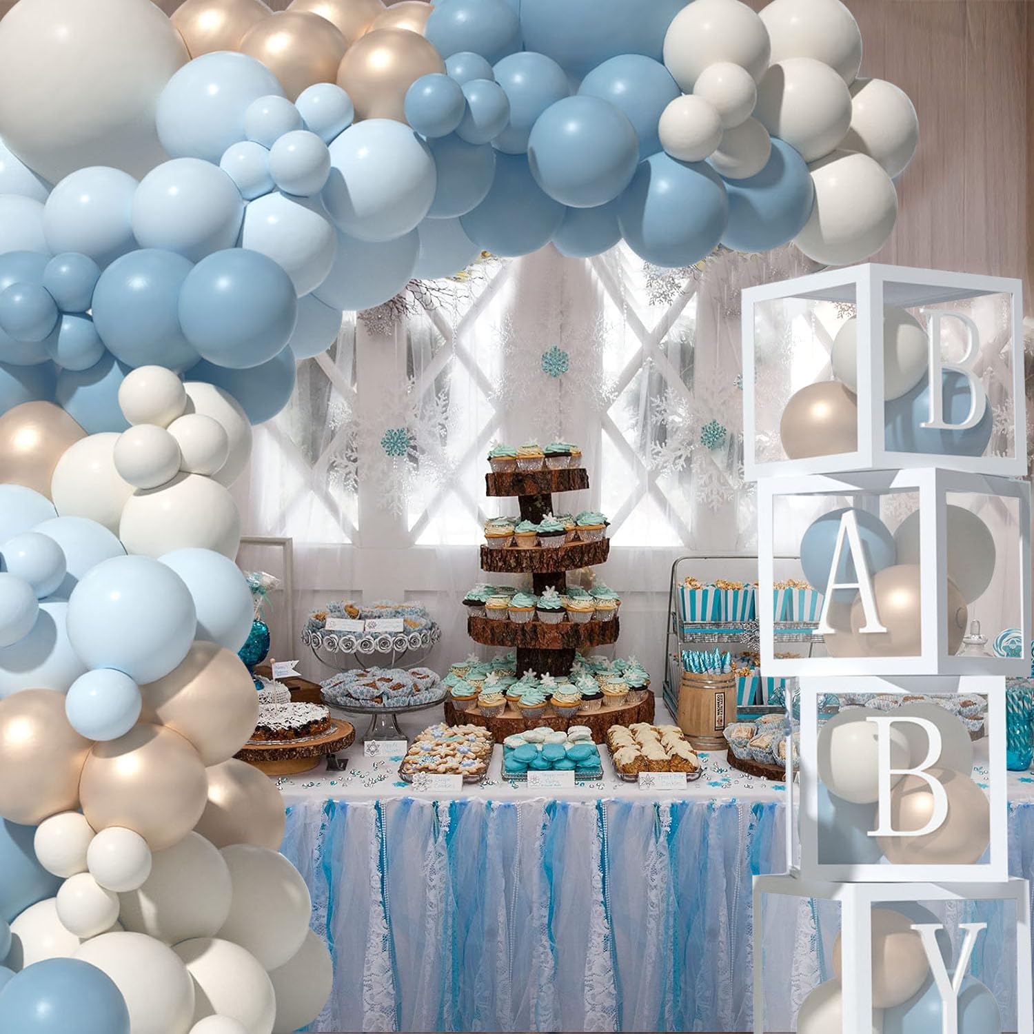 Baby Boy Shower Decorations-Dusty Blue Balloon Arch Kit With Baby Box,Baby Boy Balloon Arch Baby Boxes With Letter For Baby Shower 1st Boy Birthday Gender Reveal Decorations