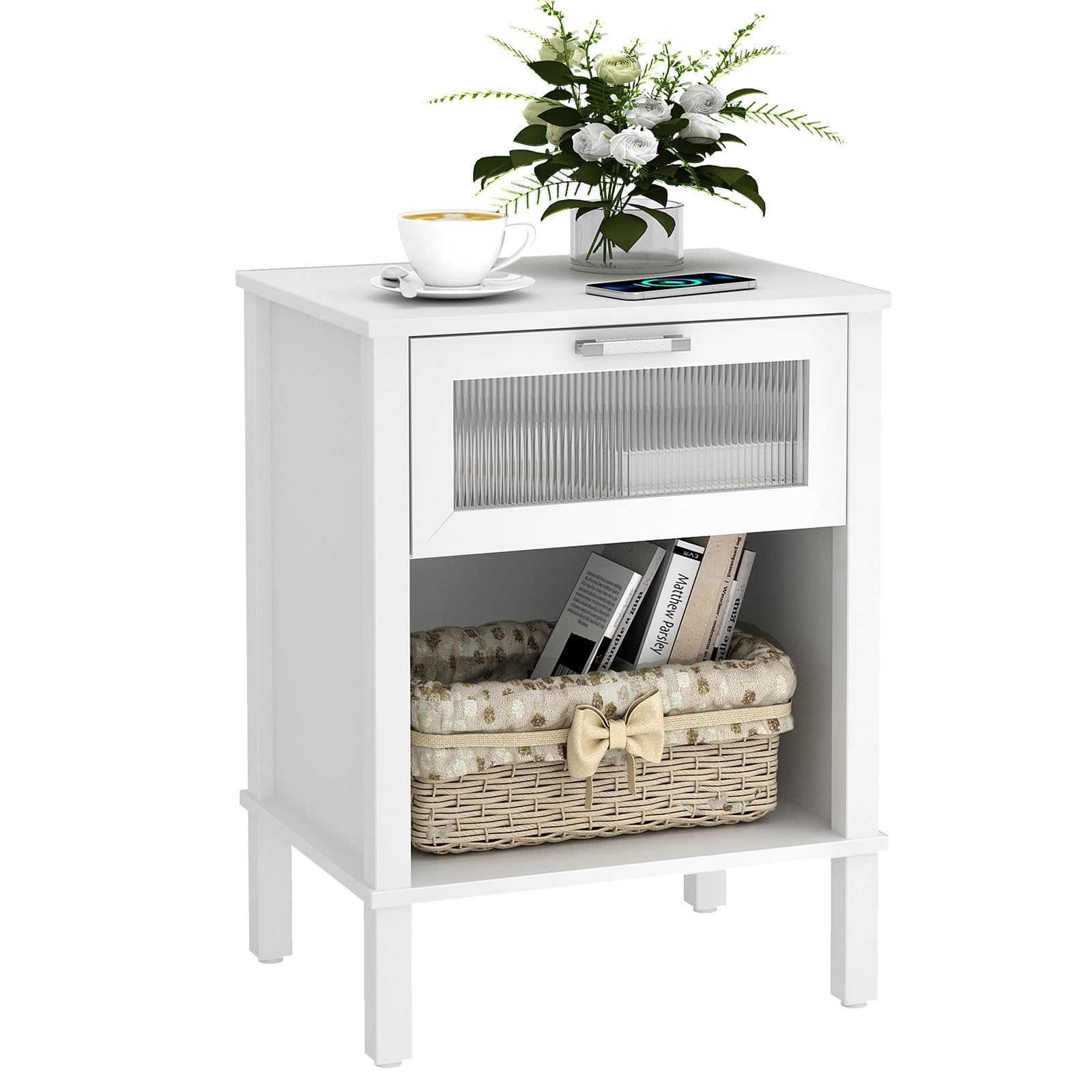 YAUKOMEL Small White Nightstand, End Table with Drawer, Bed Side Table,Nightstand with Acrylic Drawer for Living Room, Bedroom,Small Space White CTG67W