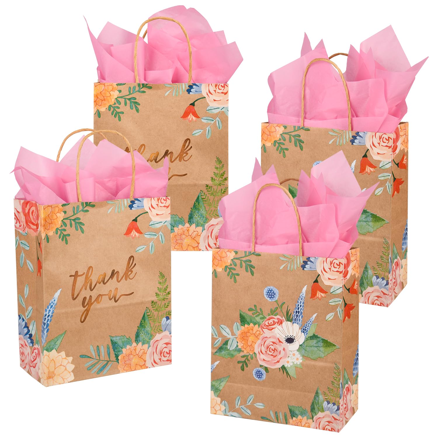 DjinnGlory 25 Pack 10x8x4 Inch Medium Sized Brown Kraft Floral Paper Gift Bags with and 25-Sheet Pink Tissue Paper for Birthday Wedding Baby Shower Party Treats, Goodies, Christmas Gifts (Thank You Design)