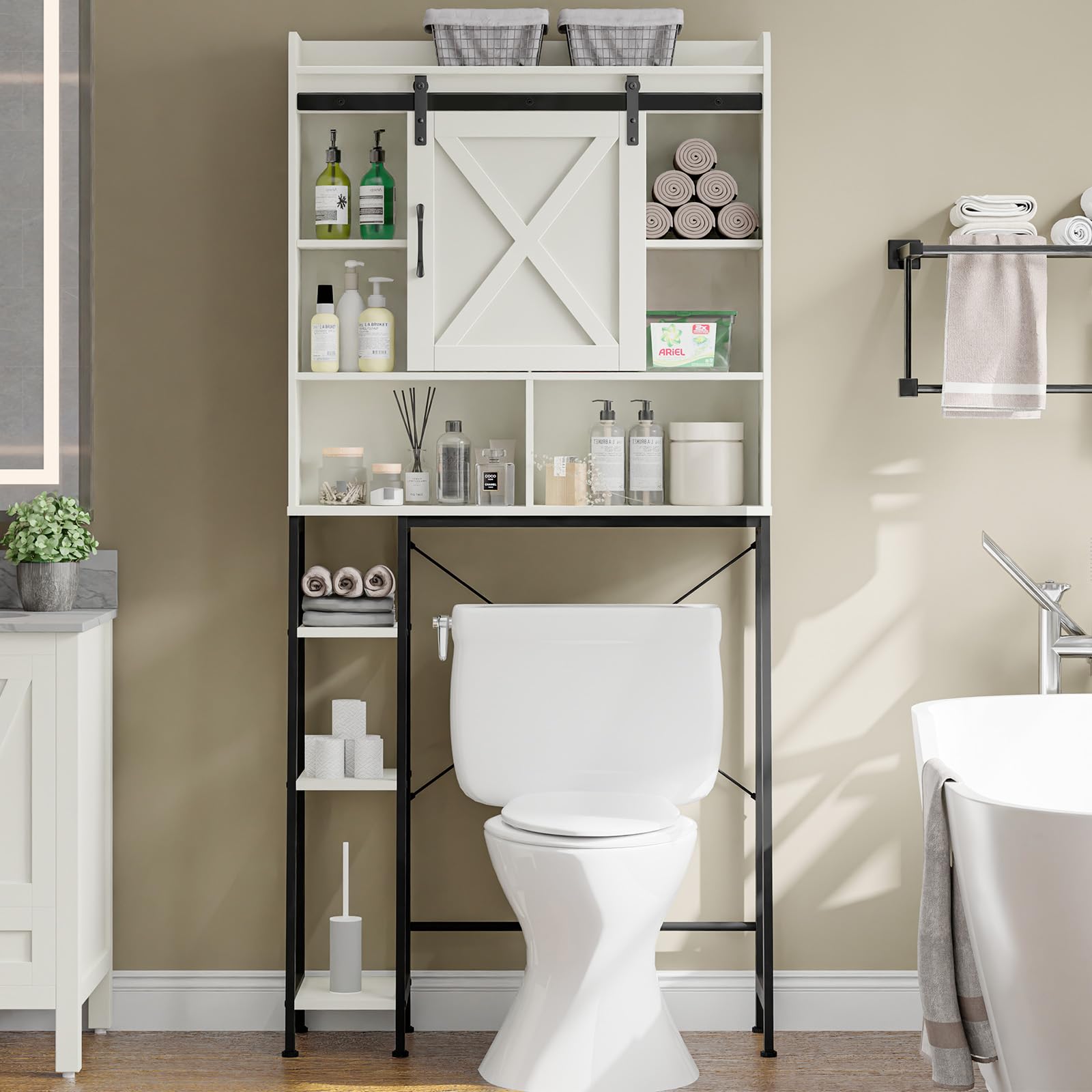 Over The Toilet Storage Cabinet, Farmhouse Storage Cabinet Over Toilet with Sliding Door & Toilet Paper Holder Stand，Home Space-Saving Toilet Rack, for Bathroom, Restroom, Laundry