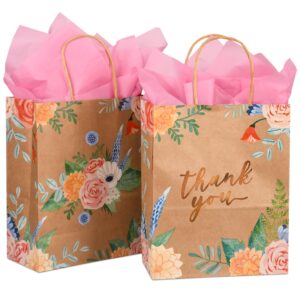 djinnglory 25 pack 10x8x4 inch medium sized brown kraft floral paper gift bags with and 25-sheet pink tissue paper for birthday wedding baby shower party treats, goodies, christmas gifts (thank you design)