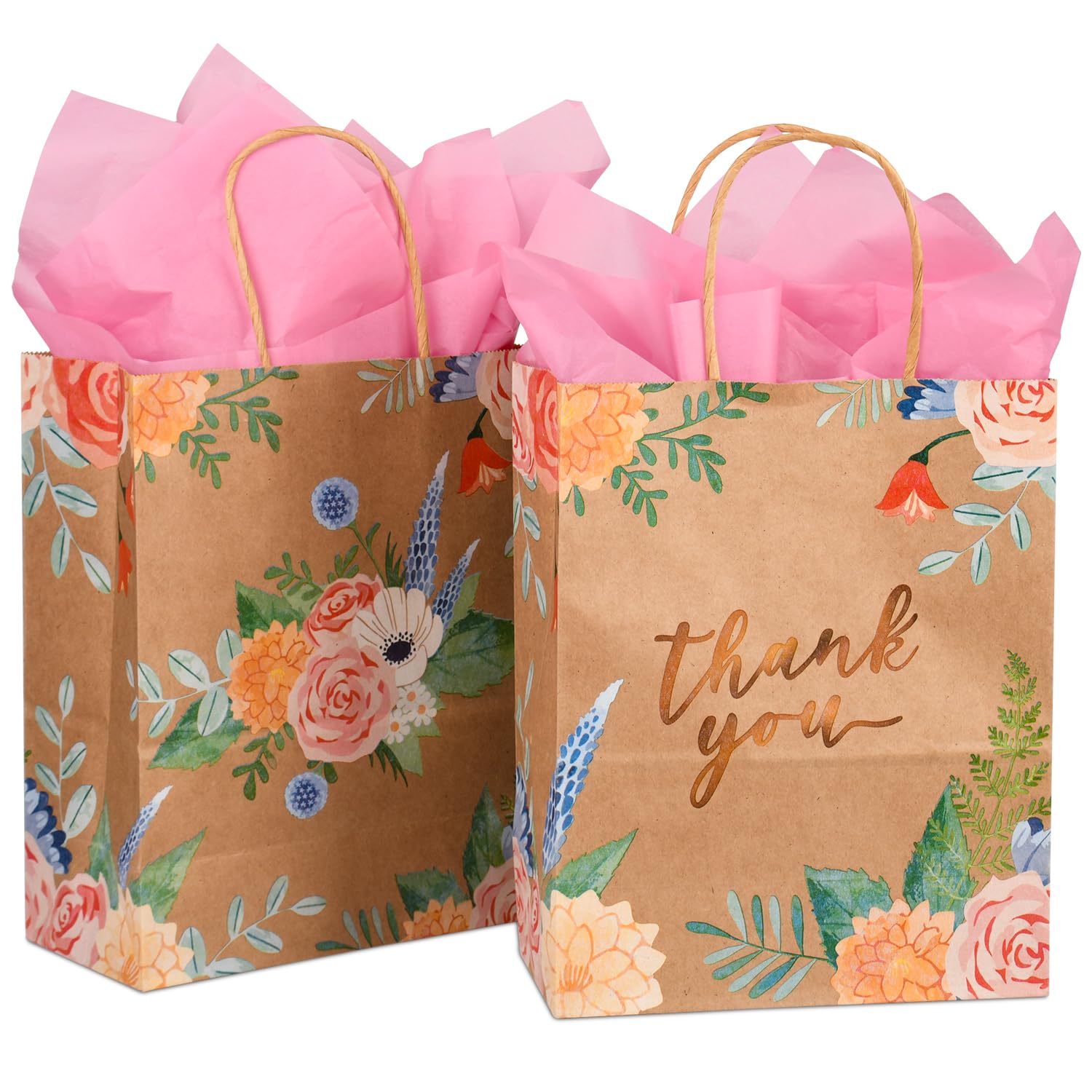 DjinnGlory 25 Pack 10x8x4 Inch Medium Sized Brown Kraft Floral Paper Gift Bags with and 25-Sheet Pink Tissue Paper for Birthday Wedding Baby Shower Party Treats, Goodies, Christmas Gifts (Thank You Design)