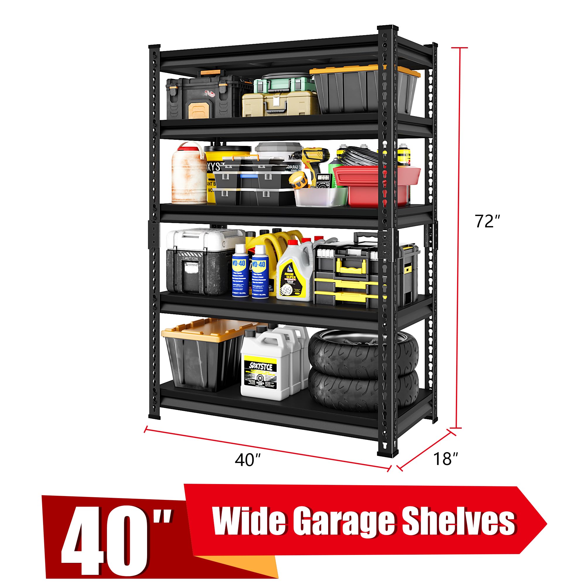 SDXYSTCE 40" W Garage Shelving Heavy Duty, 2200LBS Loads Garage Storage Shelves, 5-Tier Metal Shelving Units and Storage Racks, Industrial Utility Shelf Heavy Duty,40" Wx18 Dx72 H