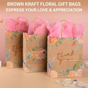 DjinnGlory 25 Pack 10x8x4 Inch Medium Sized Brown Kraft Floral Paper Gift Bags with and 25-Sheet Pink Tissue Paper for Birthday Wedding Baby Shower Party Treats, Goodies, Christmas Gifts (Thank You Design)