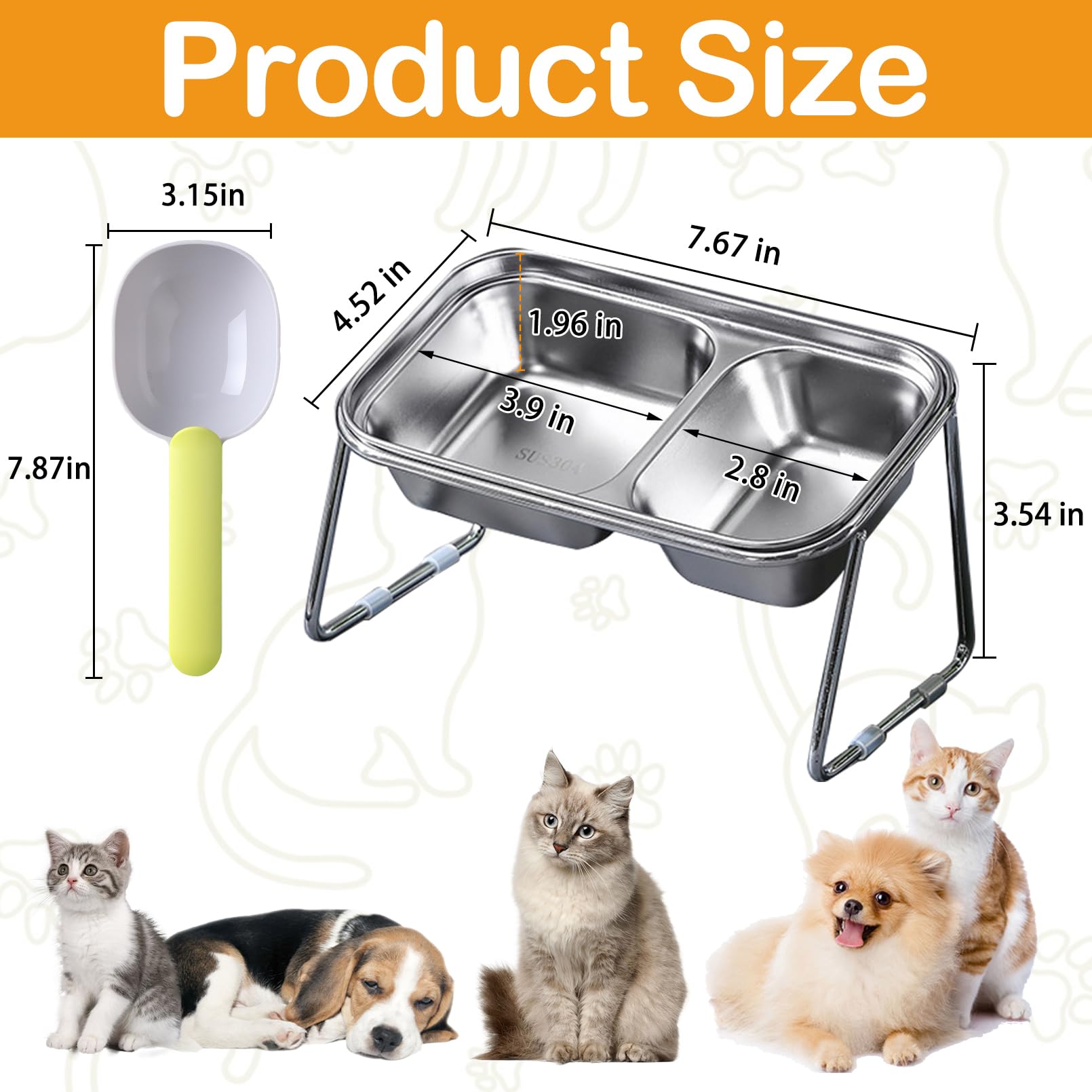 BNOSDM Raised Cat Bowls Stainless Steel 15° Tilted Elevated Kitten Food Bowl Stand, Double Food and Water Bowl Set Pet Anti Vomiting Feeder and Scoop Anti Slip Feet for Cats and Small Dogs