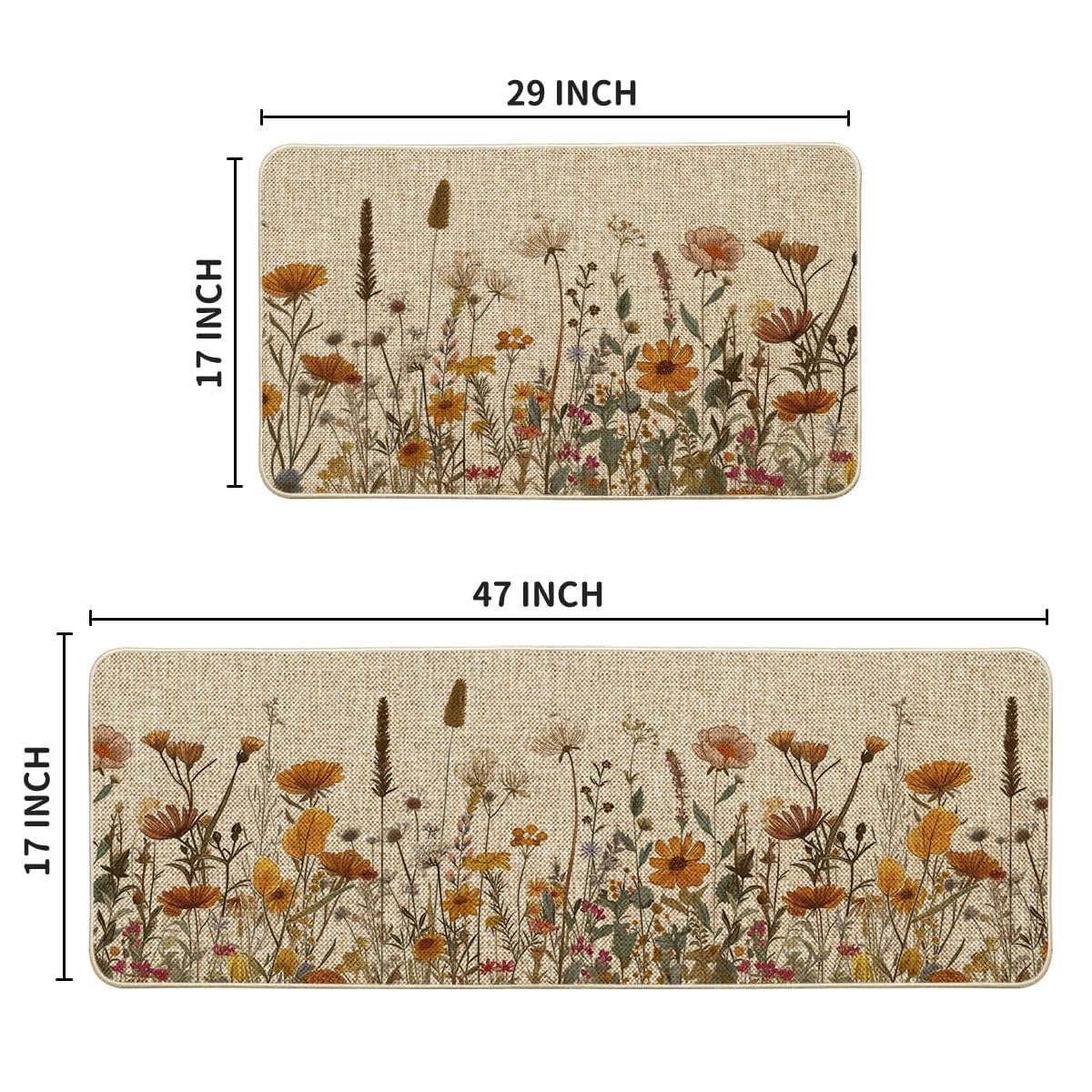 Artoid Mode Flowers Fall Kitchen Mats Set of 2, Autumn Home Decor Low-Profile Kitchen Rugs for Floor - 17x29 and 17x47 Inch