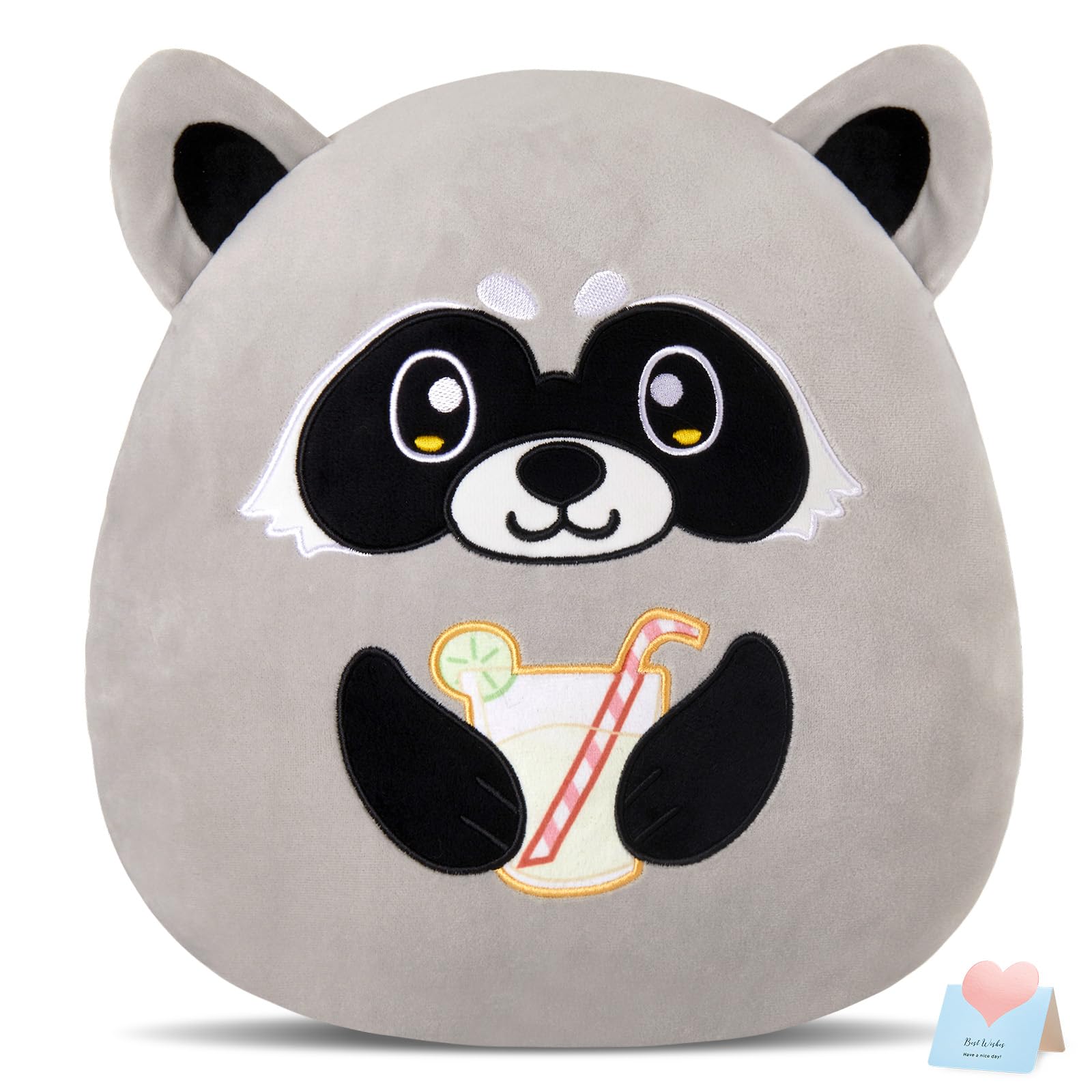 Glow Guards 12-Inch Raccoon Plush Pillow Cute Raccoon Stuffed Animal Soft Raccoon Plush Toy Holding Juice, Birthday Raccoon Gift for Boys Girls Kid