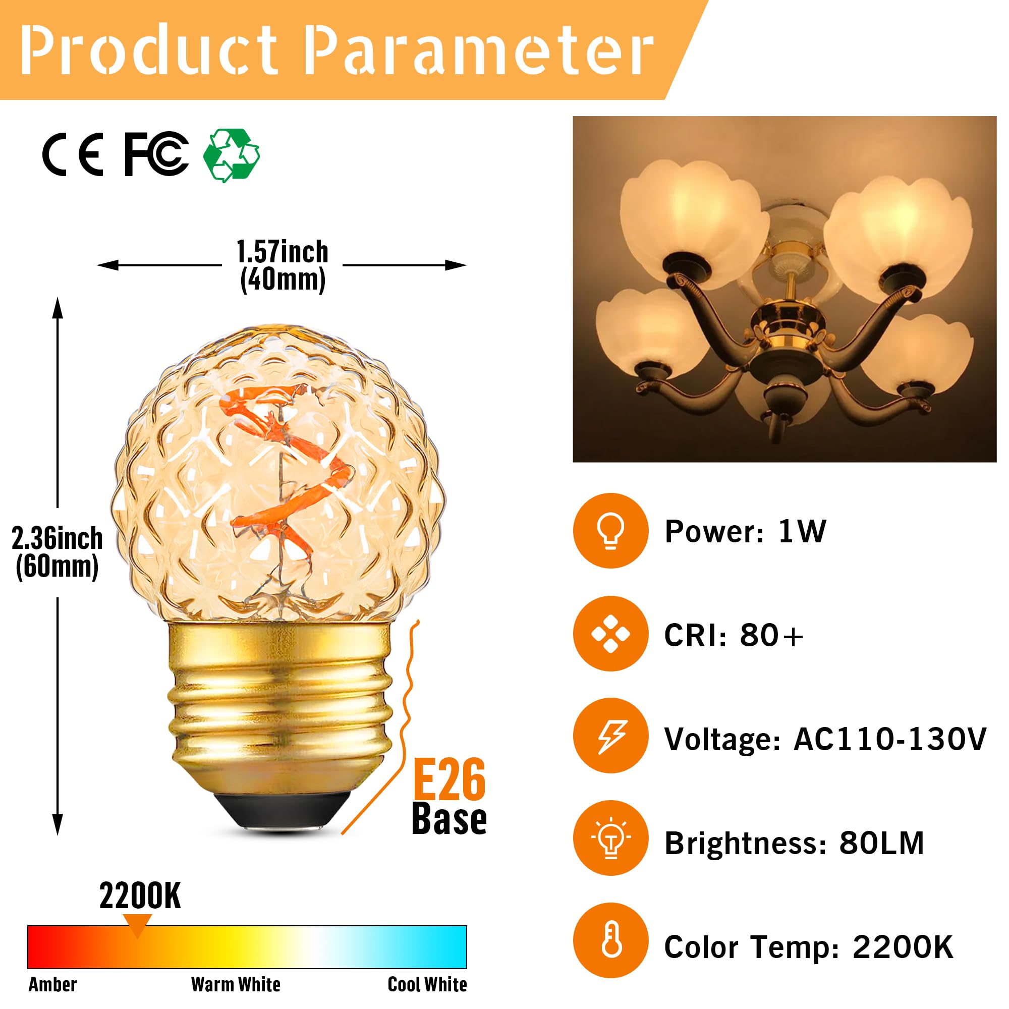 G40 Replacement Bulbs Night Light Bulbs Small Edison Light Bulb Base Sizes Chart Mini Globe Low Watt Light Bulbs 1W(10W Equivalent),AC120V Warm White 2200K 80LM,Outdoor Holiday Decorative Bulbs ,2Pack