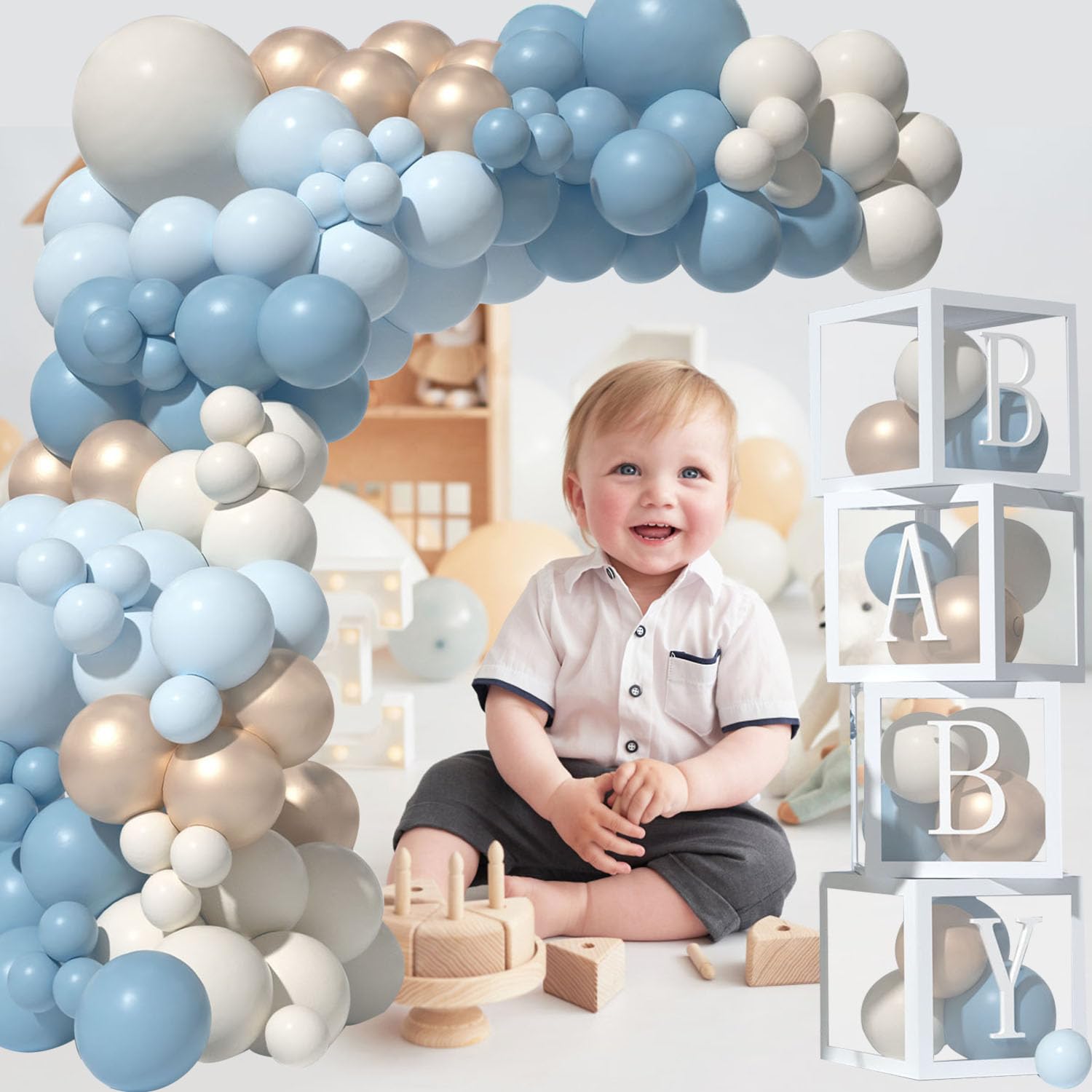 Baby Boy Shower Decorations-Dusty Blue Balloon Arch Kit With Baby Box,Baby Boy Balloon Arch Baby Boxes With Letter For Baby Shower 1st Boy Birthday Gender Reveal Decorations