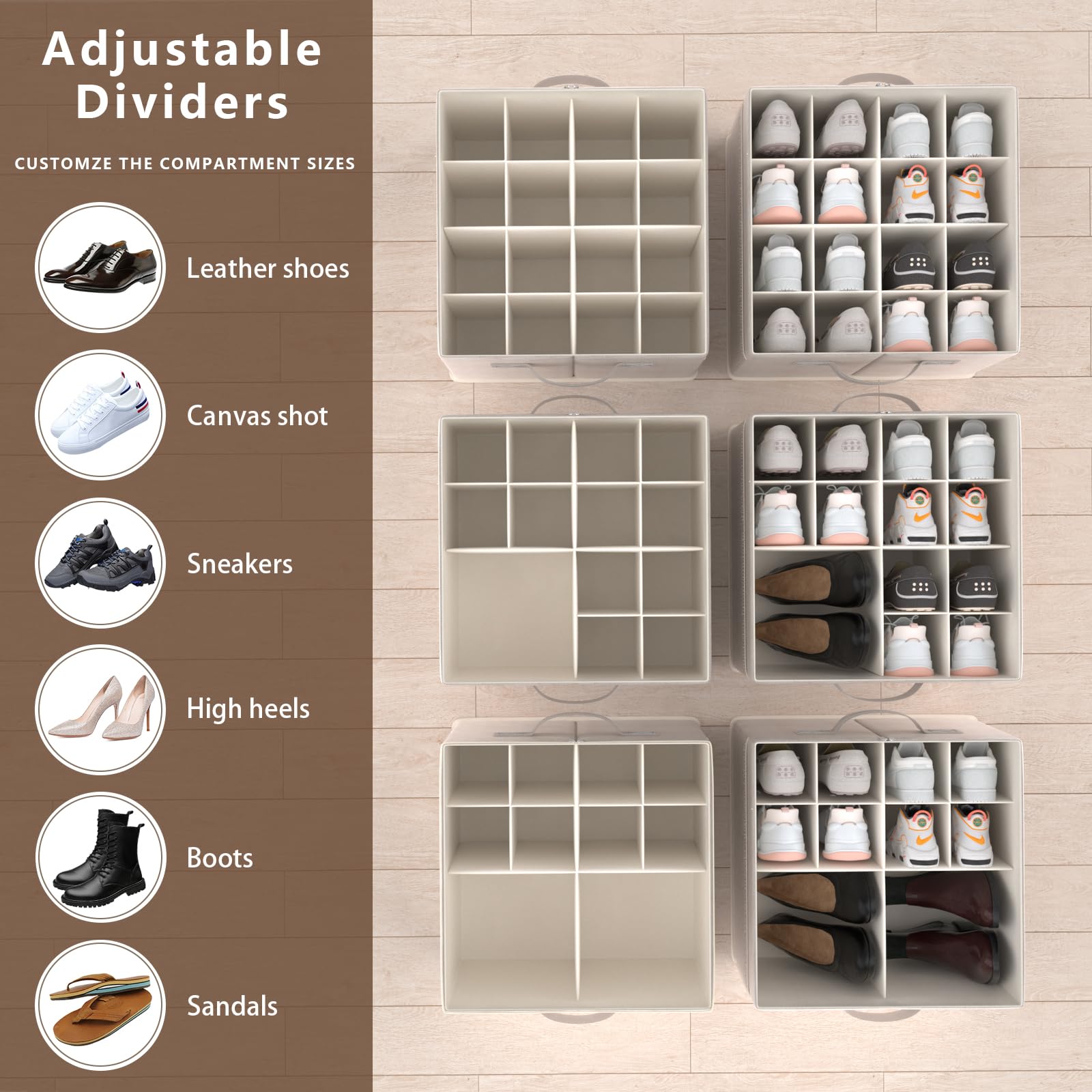 artgeeker Shoe Organizer for Closet- Fits 16 Pairs, Large Foldable Shoe Storage with Clear Cover, Beige Adjustable Dividers Shoe Containers with Mesh Pockets and Pull Handles - Beige