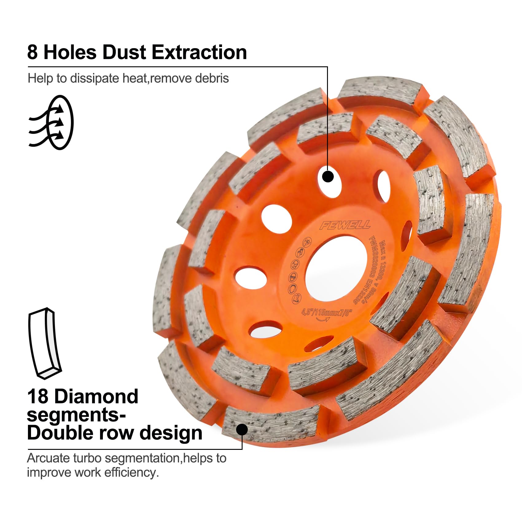 FEWELL 4 1/2” Concrete Grinding Wheel, Double Row Diamond Cup Wheel with 7/8” Arbor for Polishing and Grinding Concrete Surface Brick Stone Marble Cement Granite