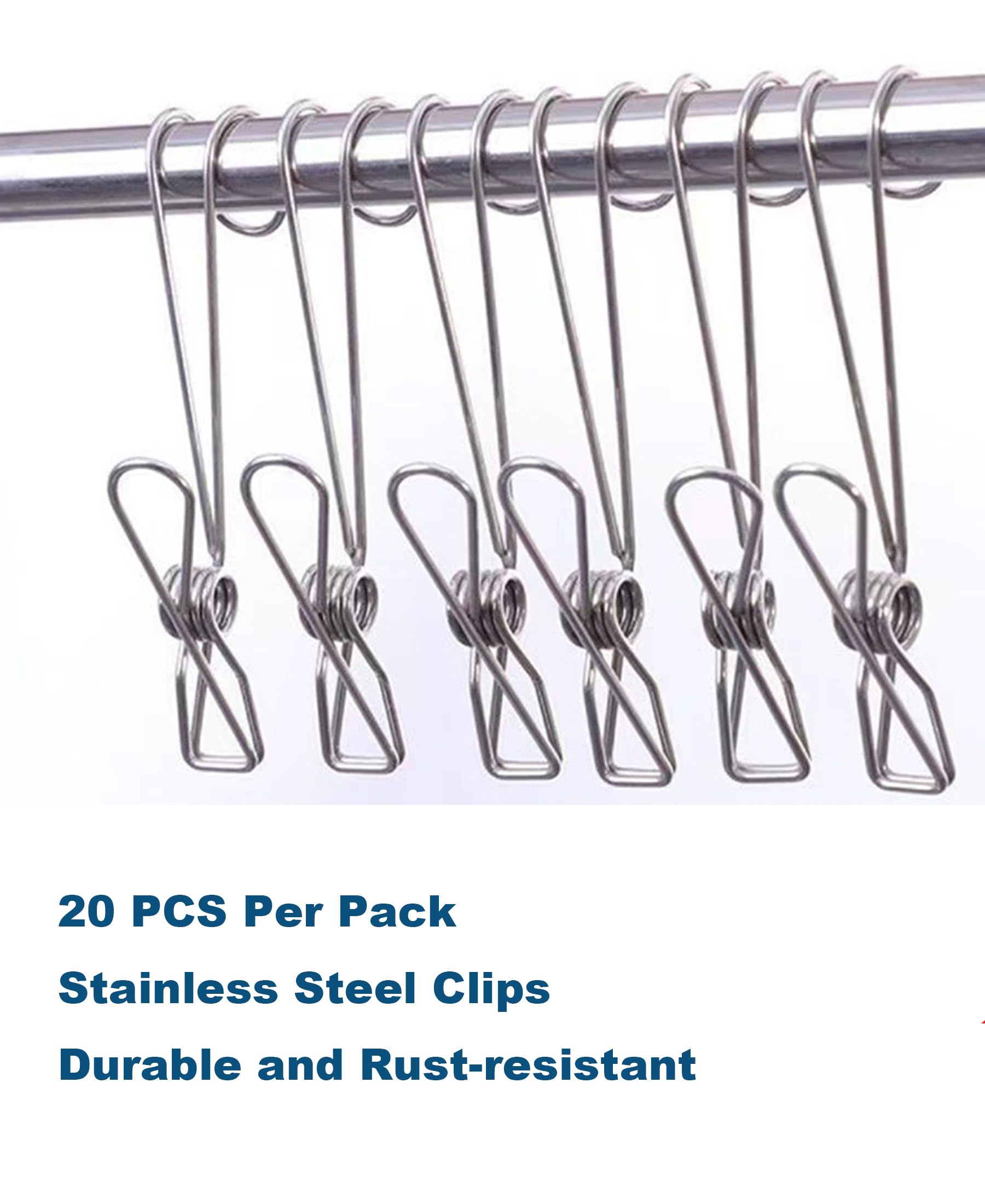 Generic 20 Clips Pack Stainless Steel Clothespins with Hooks Metal Spring Universal Long Hanging Clip for Offices Kitchens Bathroom