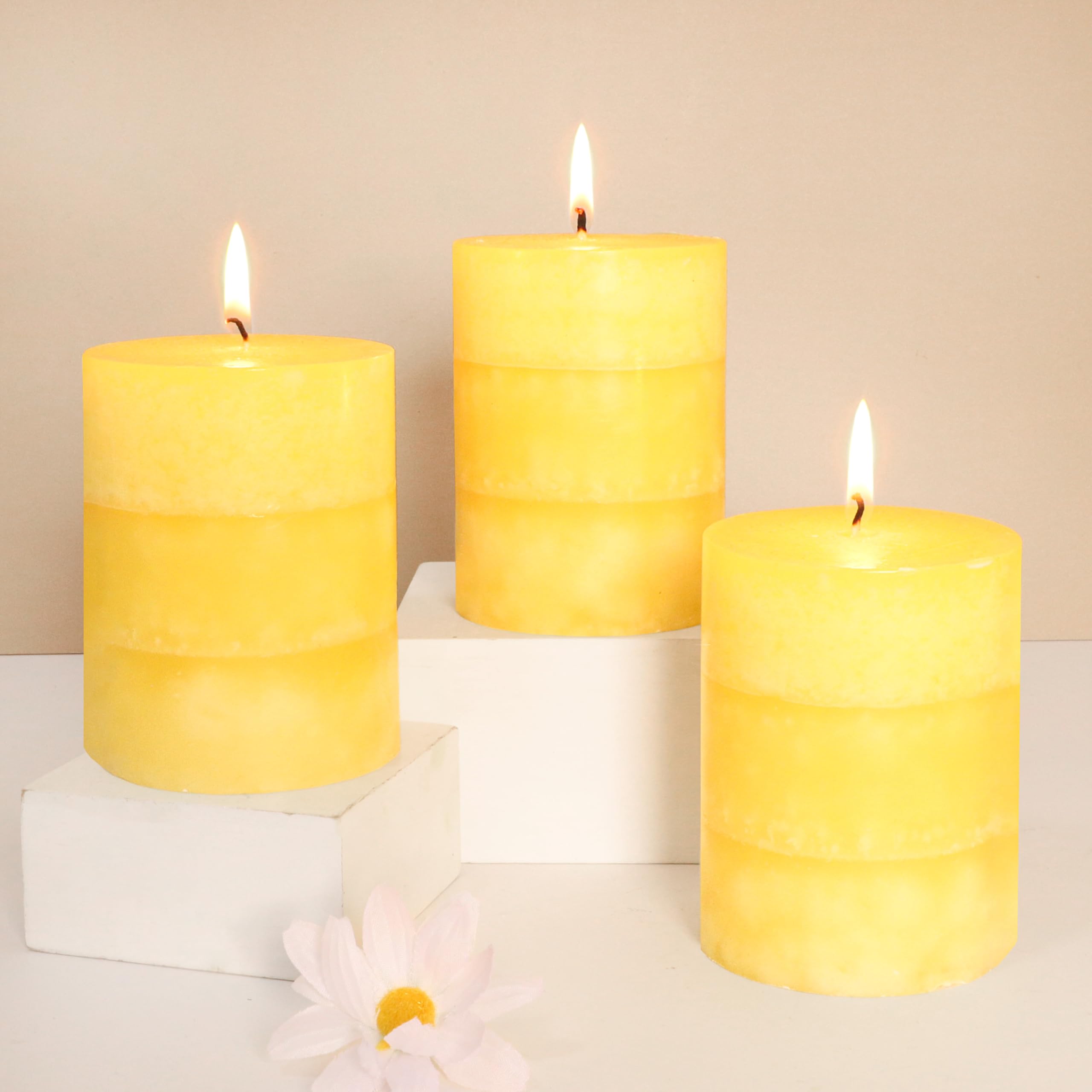 FLAVCHARM Pillar Candles 3x4 Inch Lemon Yellow Hand-Poured Candles Fragrance Long Clean Burning Non-Toxic Smokeless Summer Candles for Home Scented Bathroom Rustic Table Decor